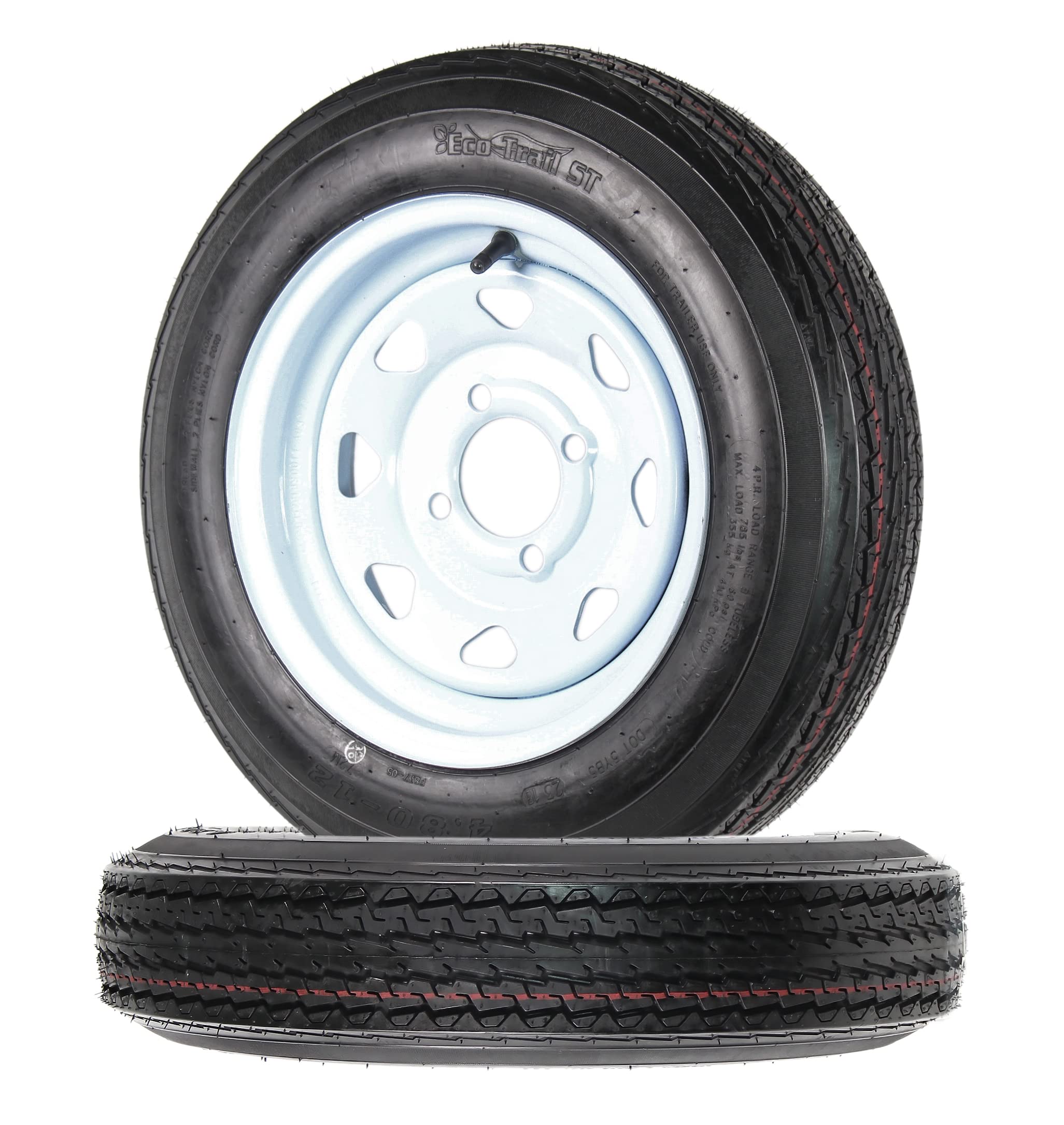 Two Trailer Tires on Rims 4.80-12 4-Lug White Spoke Wheels - John Pierce Auto Care