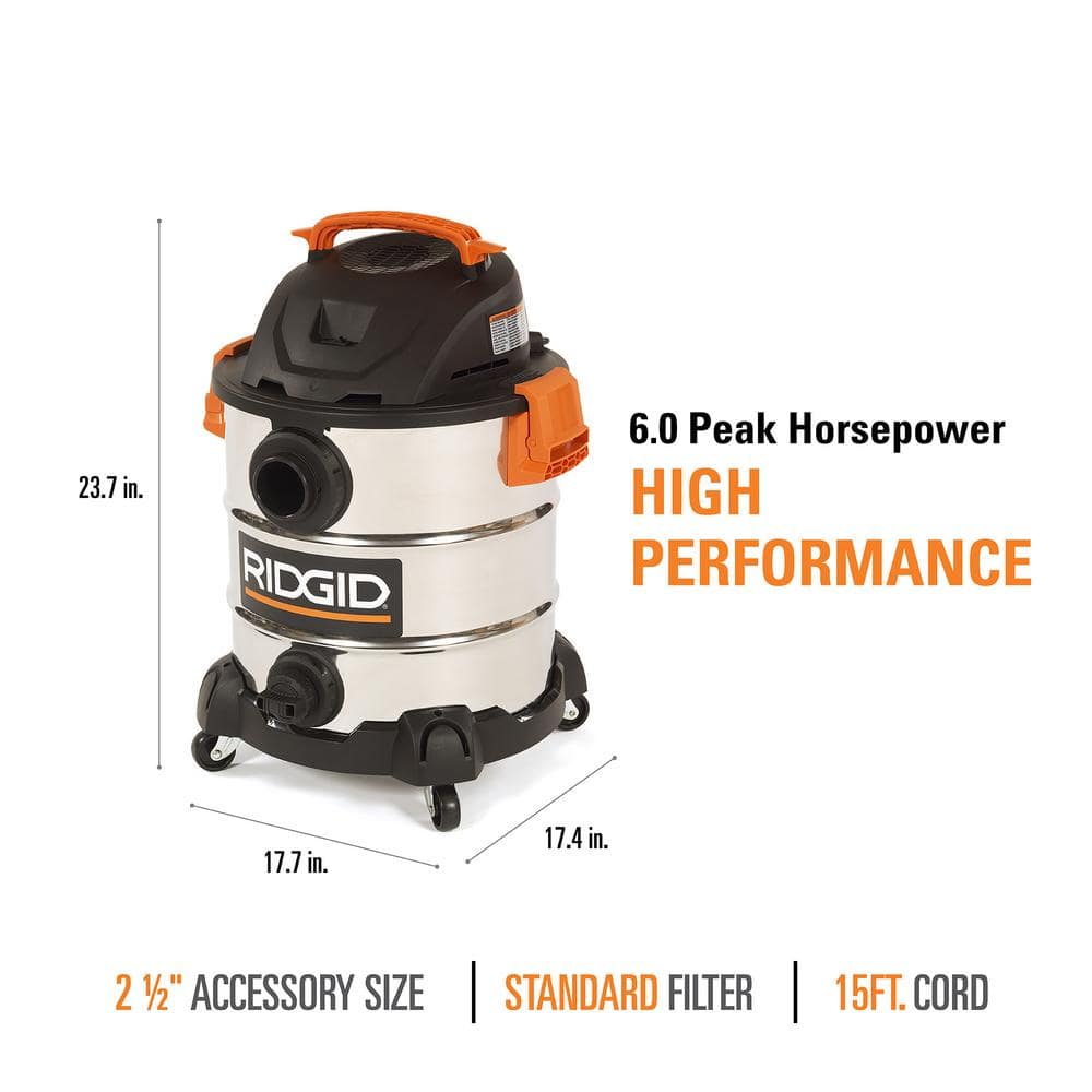 10-Gallon 6.0 Peak HP Stainless Steel Wet Dry Shop Vacuum - John Pierce Auto Care