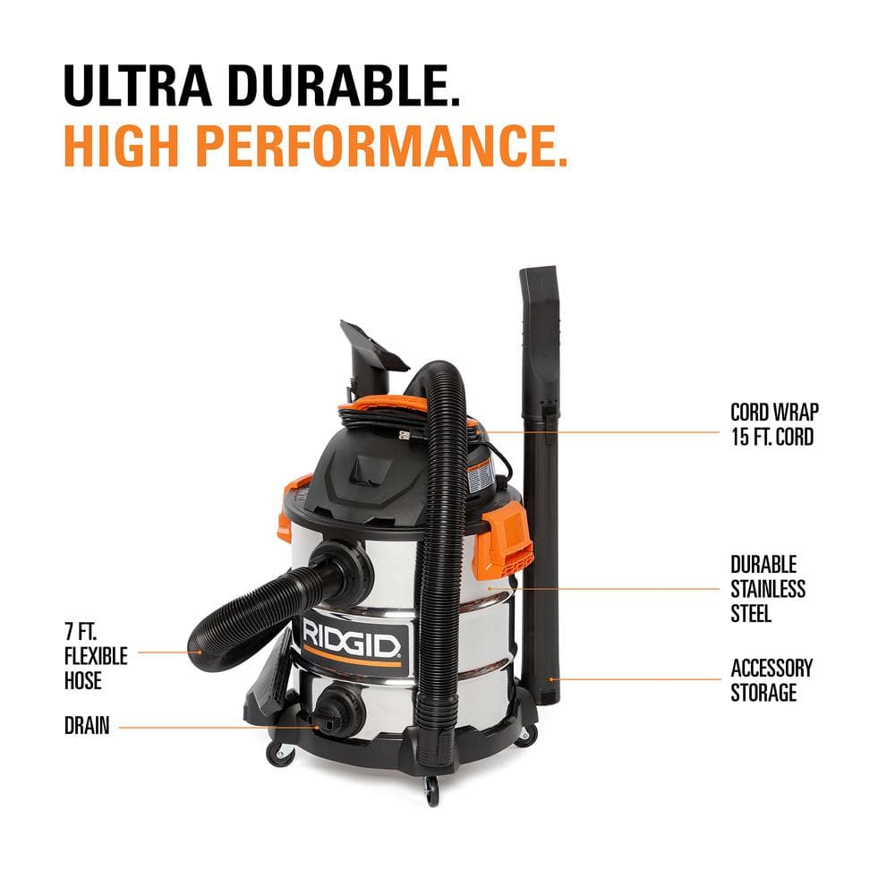 10-Gallon 6.0 Peak HP Stainless Steel Wet Dry Shop Vacuum - John Pierce Auto Care