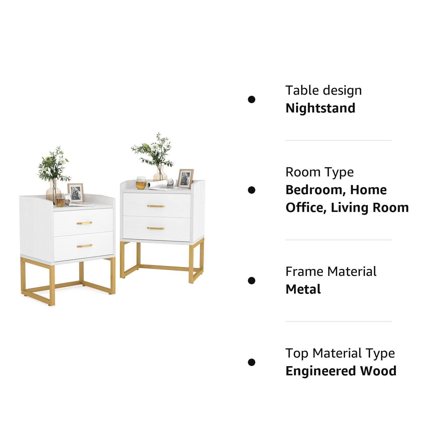 Tribesigns Modern White and Gold Nightstand Set (Set of 2) - John Pierce Auto Care