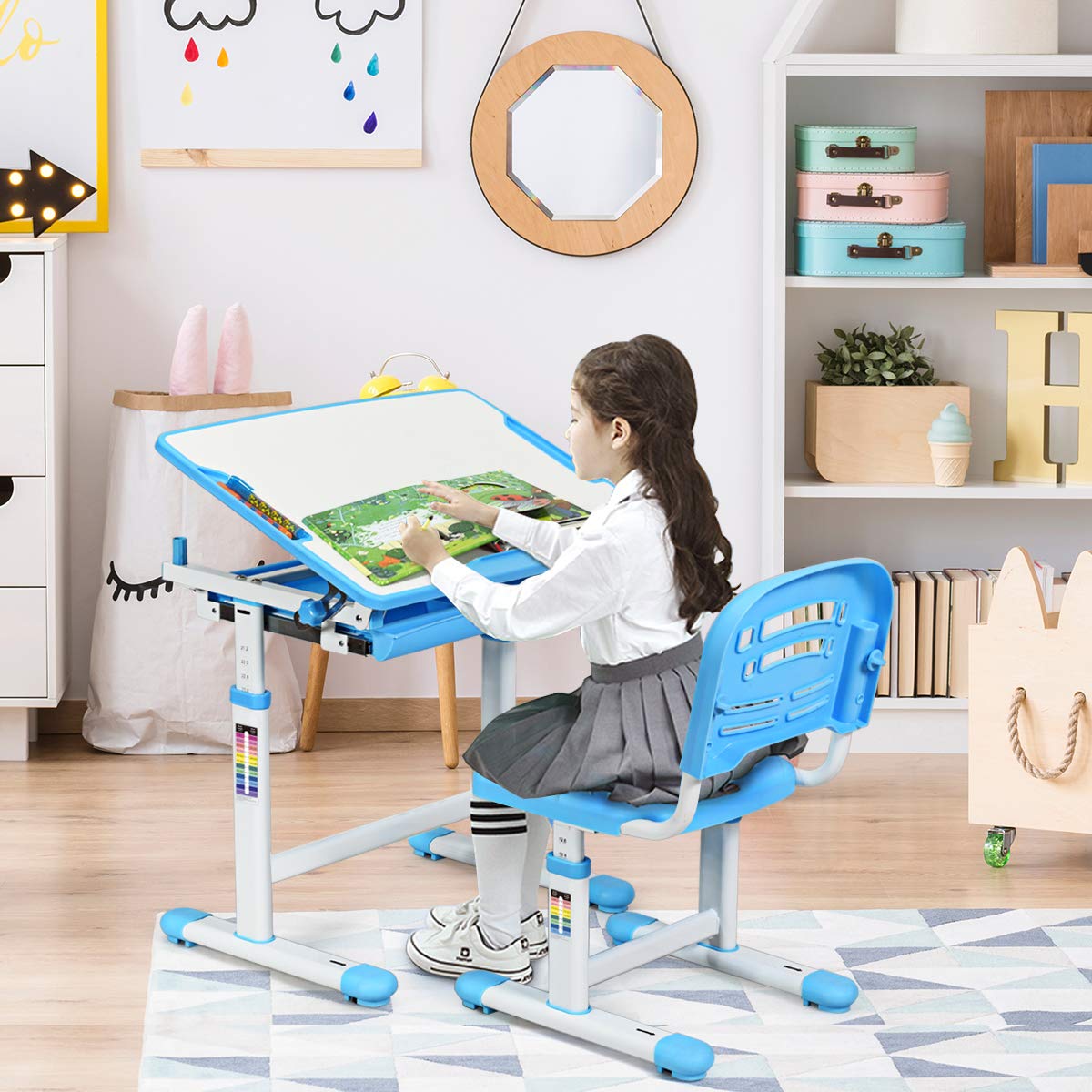BABY JOY Height-Adjustable Kids Study Desk and Chair Set (Blue) - John Pierce Auto Care