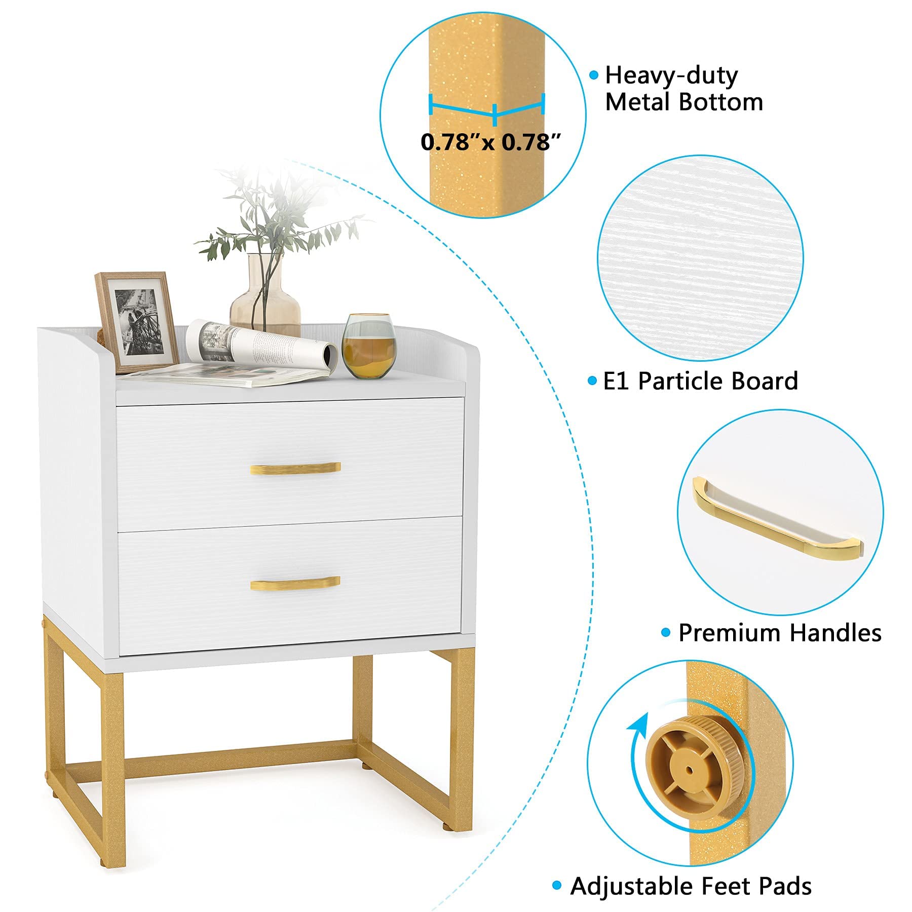 Tribesigns Modern White and Gold Nightstand Set (Set of 2) - John Pierce Auto Care