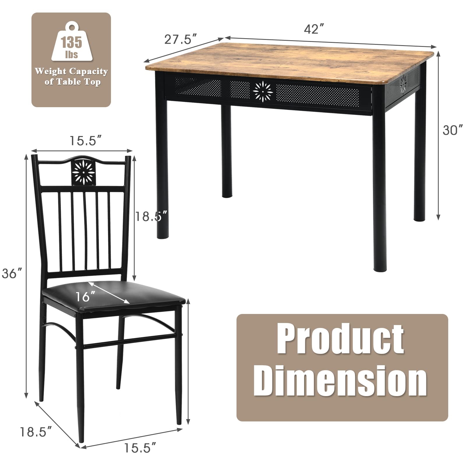 Tangkula 5-Piece Vintage Wood and Metal Dining Set - John Pierce Auto Care