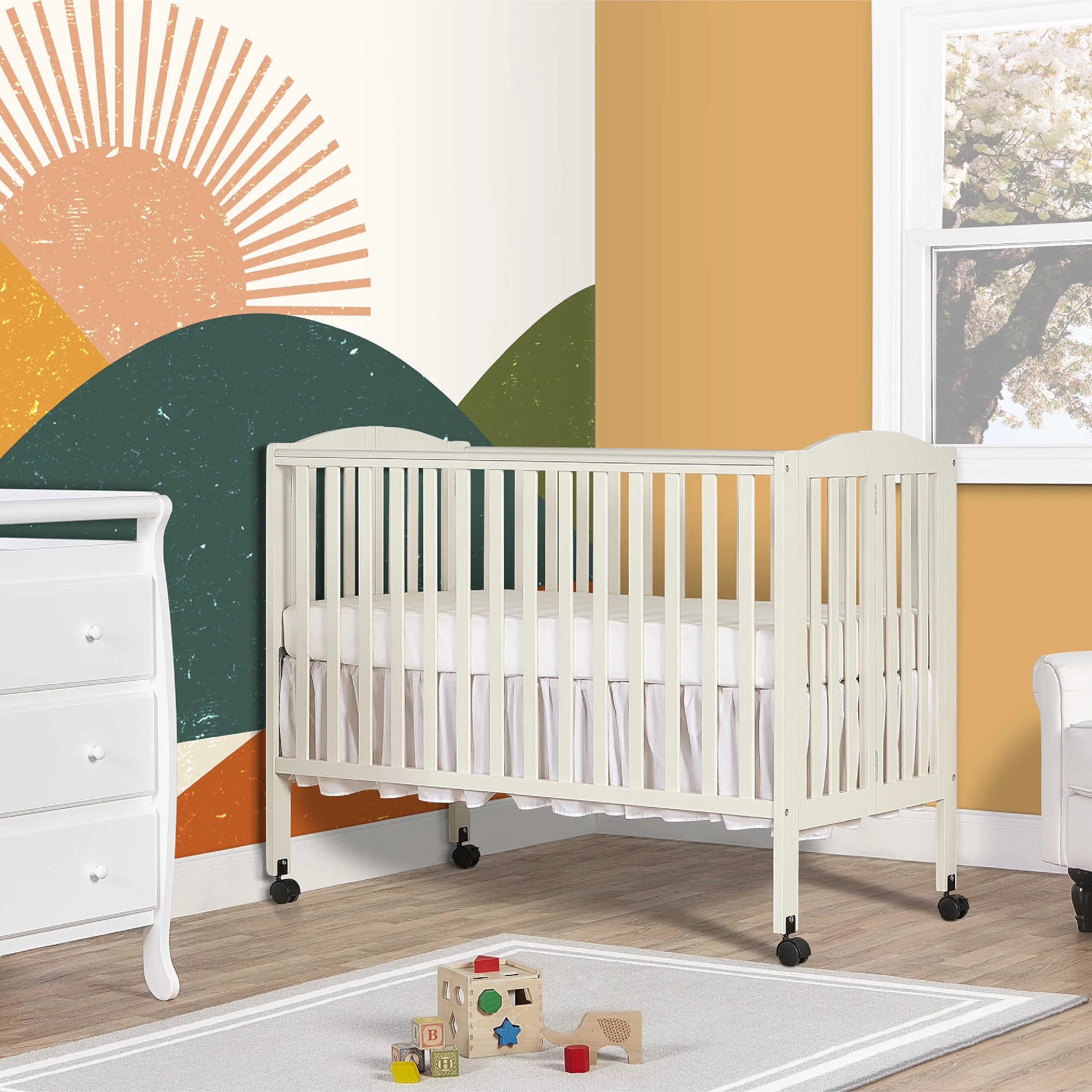 Dream On Me Full Size 2-in-1 Folding Stationary Side Crib, Locking Wheels, French White - John Pierce Auto Care