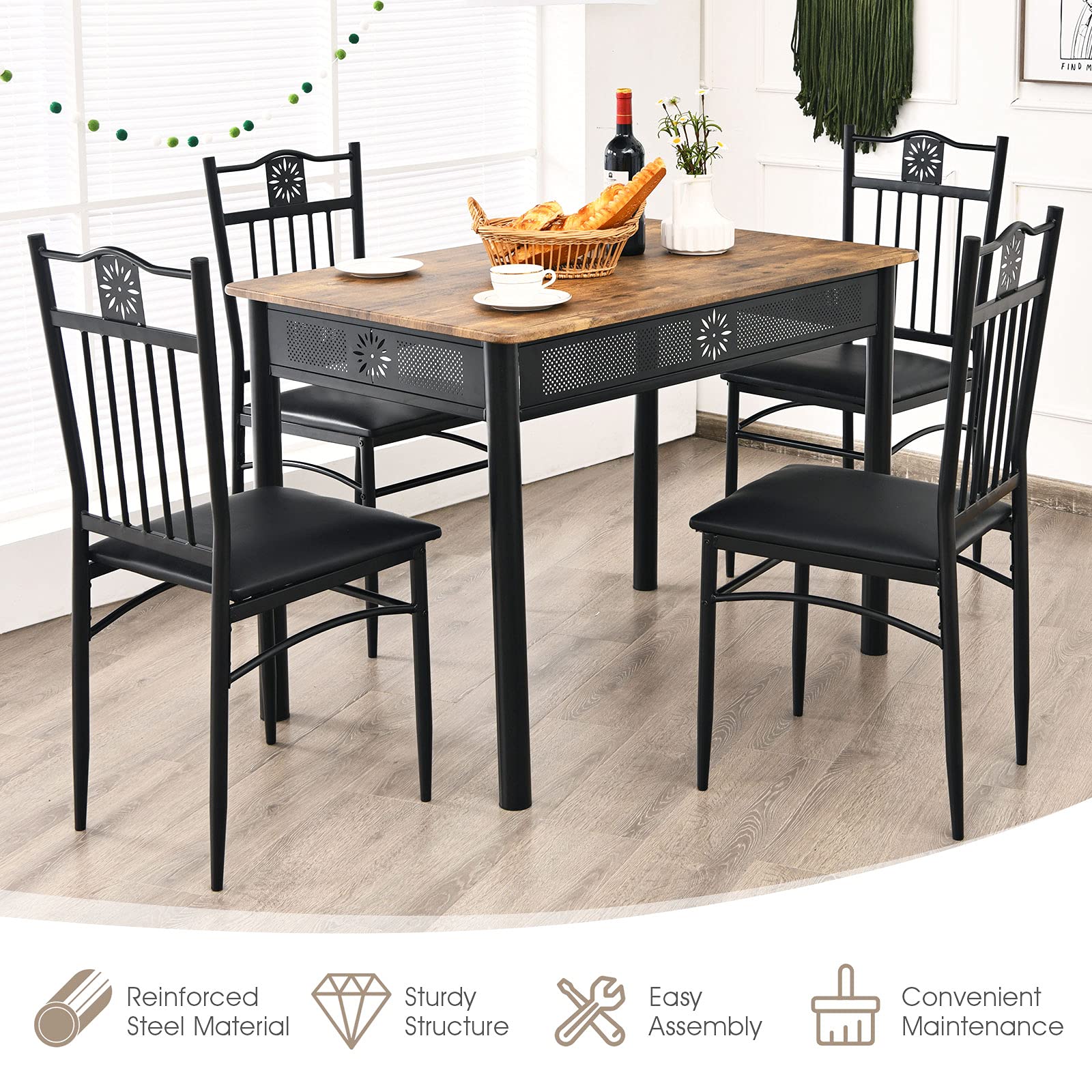 Tangkula 5-Piece Vintage Wood and Metal Dining Set - John Pierce Auto Care