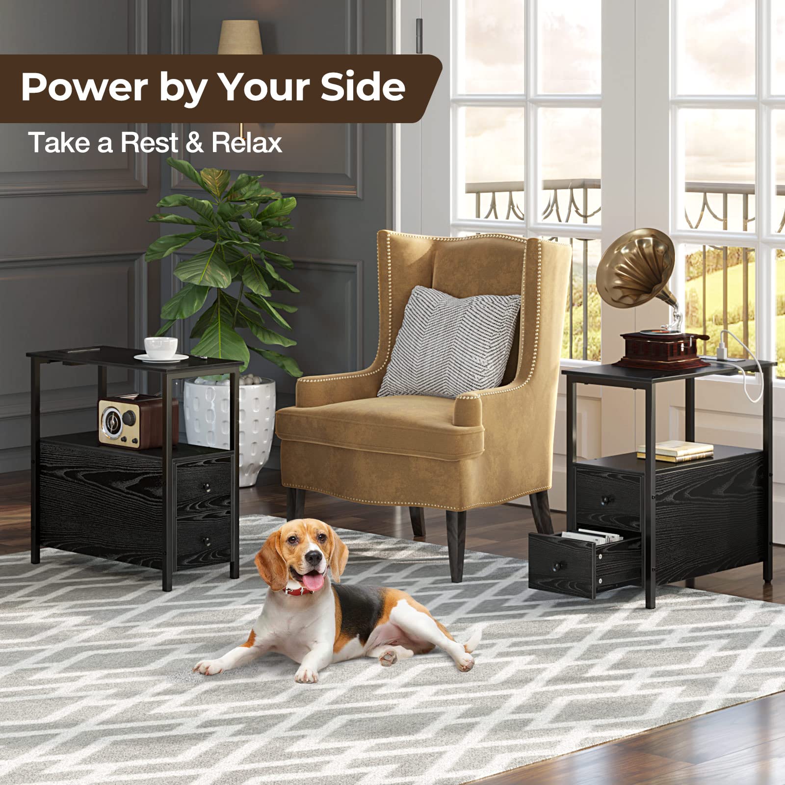 Rolanstar Narrow Charging End Table with 2 Wood Drawers - John Pierce Auto Care