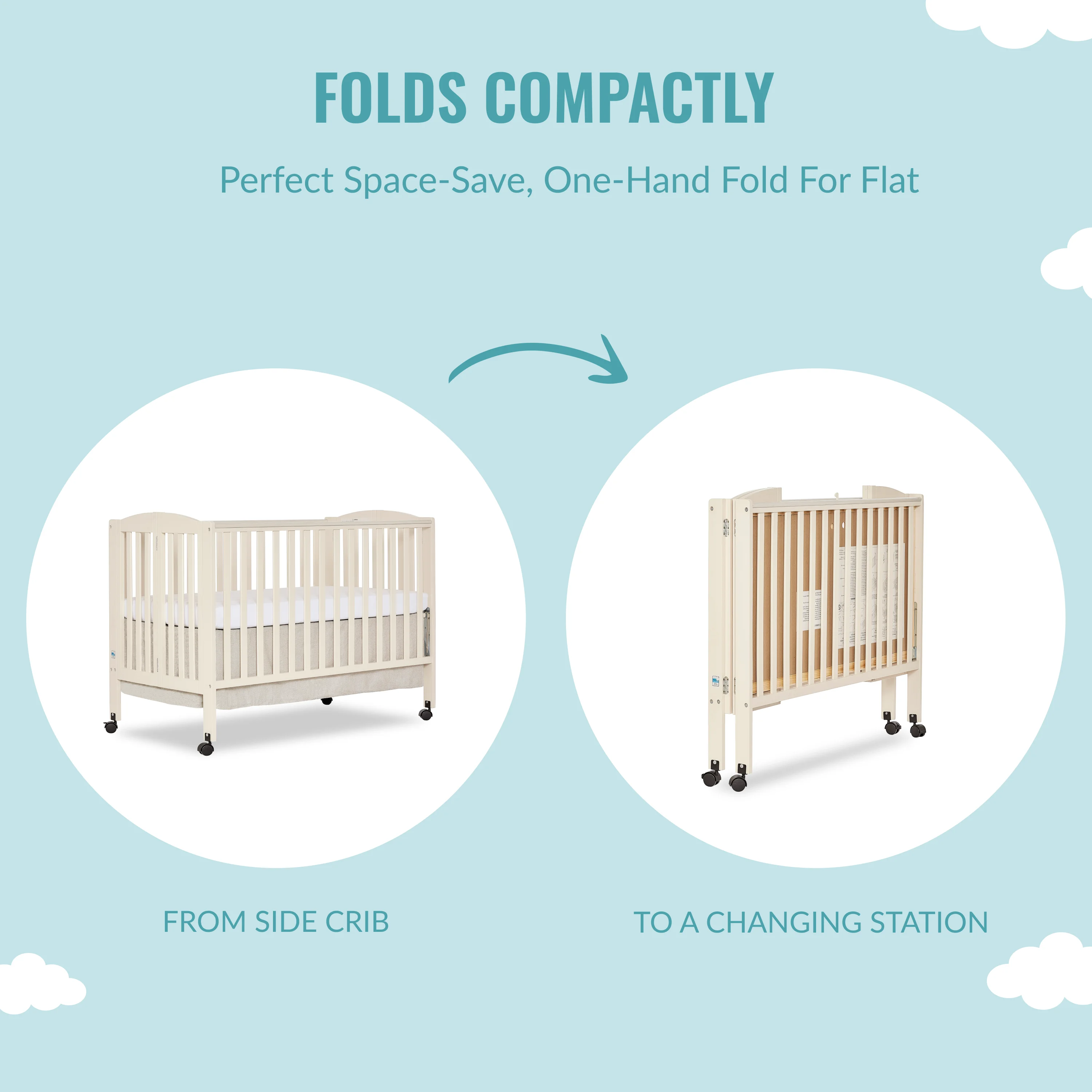 Dream On Me Full Size 2-in-1 Folding Stationary Side Crib, Locking Wheels, French White - John Pierce Auto Care