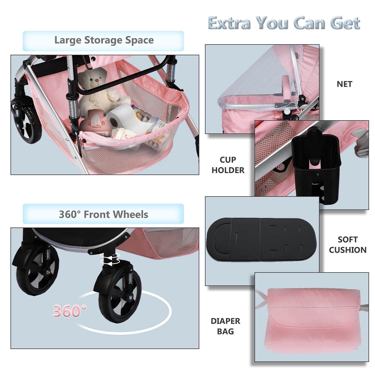 Kinder King 2-in-1 Convertible High-Landscape Baby Stroller (Pink) - John Pierce Auto Care