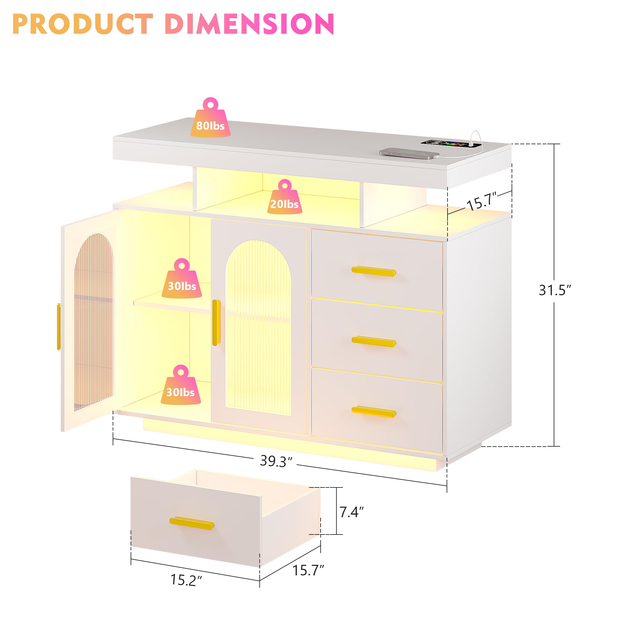 JDPAG 40-Inch Sideboard Buffet Cabinet with Wireless Charging Station - John Pierce Auto Care