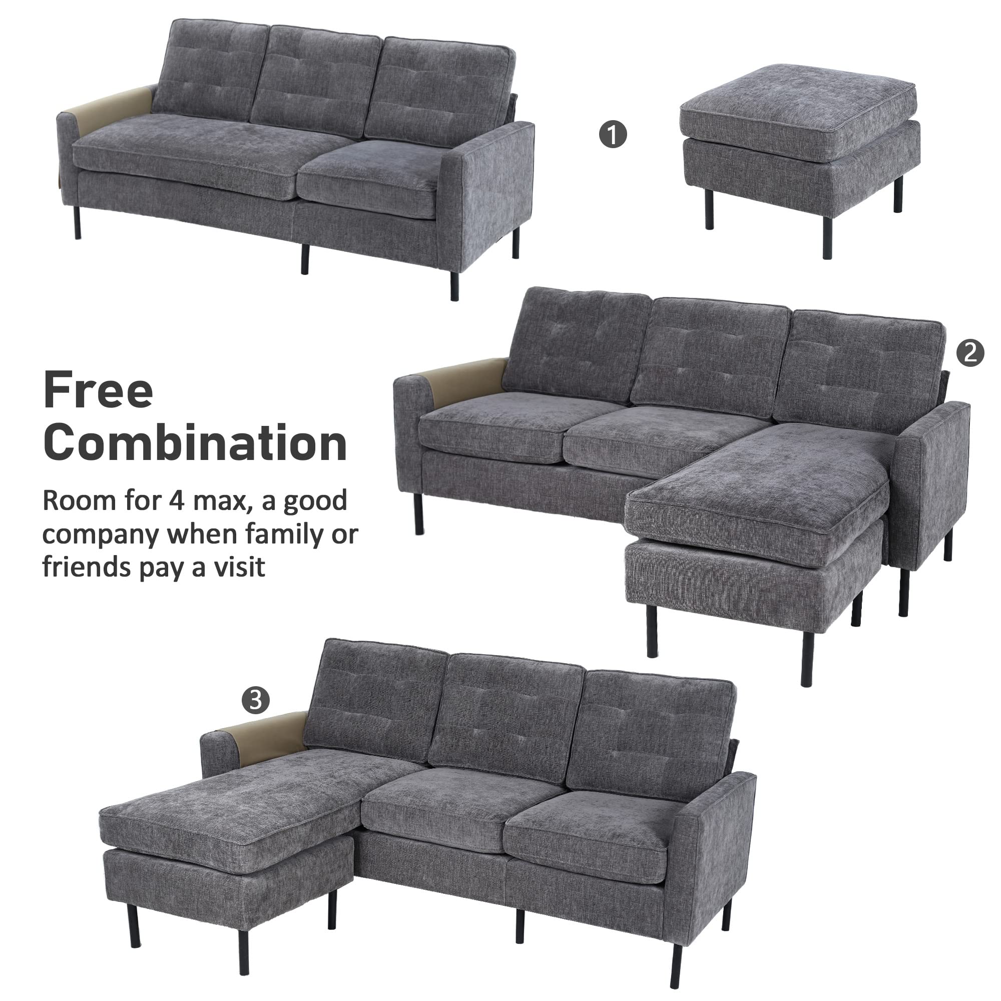 ATMUTE L-Shaped Sectional Sofa Couch in Grey Chenille Fabric - John Pierce Auto Care