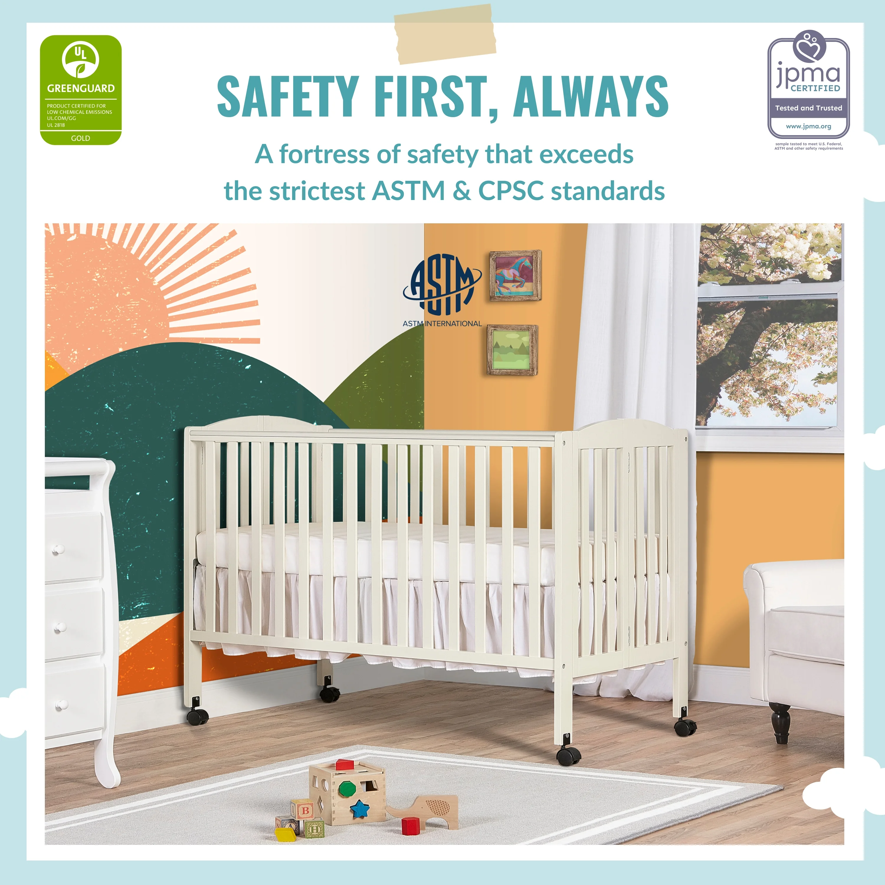 Dream On Me Full Size 2-in-1 Folding Stationary Side Crib, Locking Wheels, French White - John Pierce Auto Care