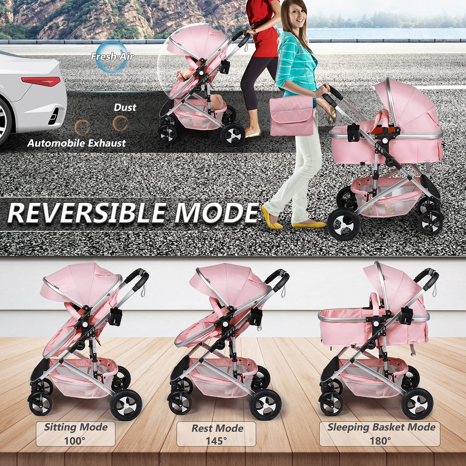 Kinder King 2-in-1 Convertible High-Landscape Baby Stroller (Pink) - John Pierce Auto Care