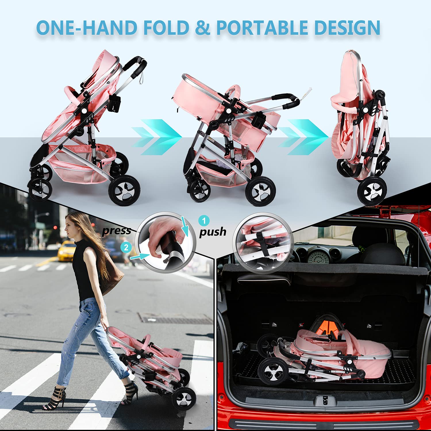 Kinder King 2-in-1 Convertible High-Landscape Baby Stroller (Pink) - John Pierce Auto Care