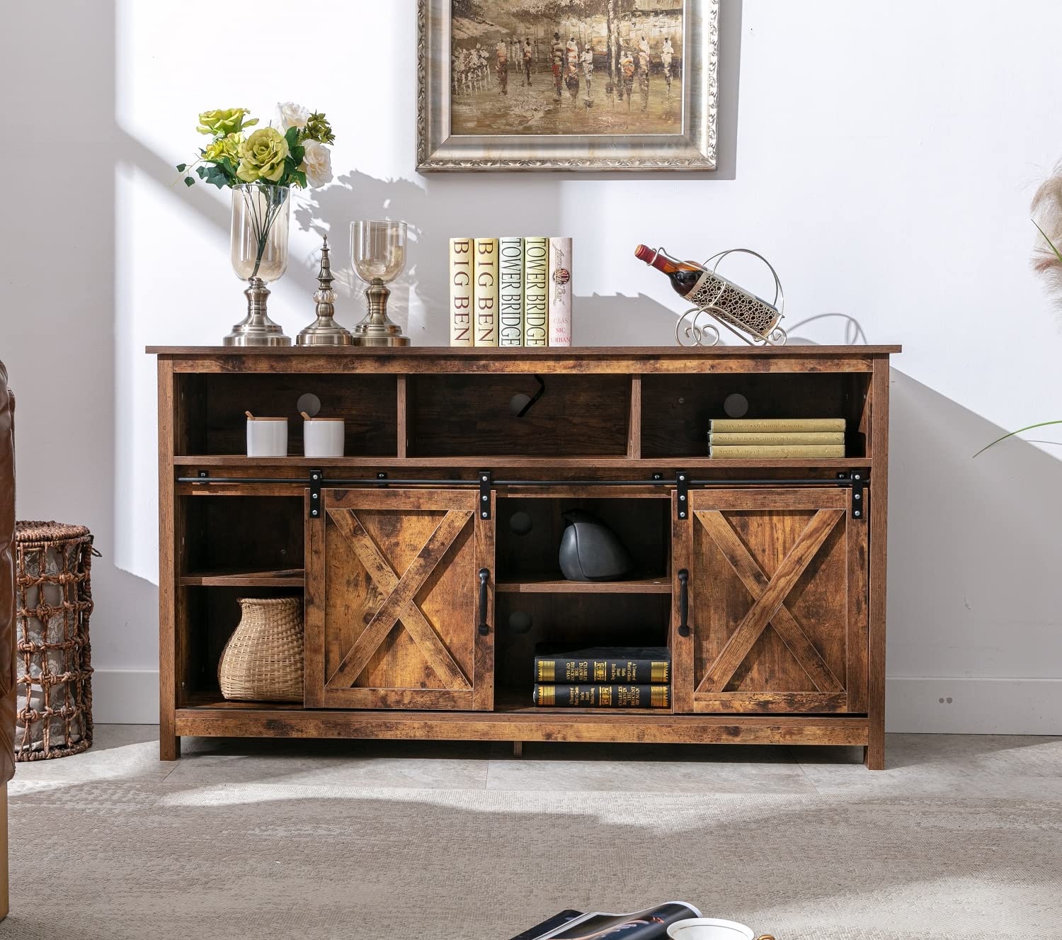 Farmhouse Slide Barn Door Coffee Bar Cabinet with Outlets - John Pierce Auto Care