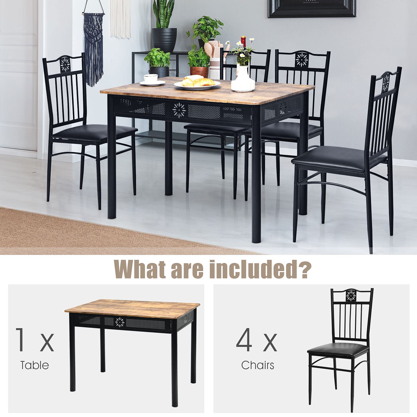 Tangkula 5-Piece Vintage Wood and Metal Dining Set - John Pierce Auto Care