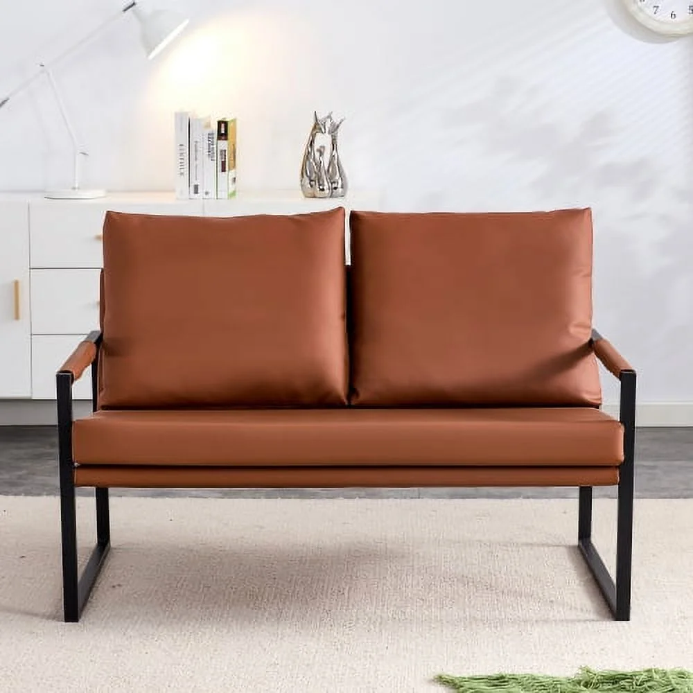 GVJMTKP Modern Two Seater Sofa Chair with 2 Pillows   PU Leather High Density Foam Black Coated Metal Frame.BrownSF D008 BR - John Pierce Auto Care