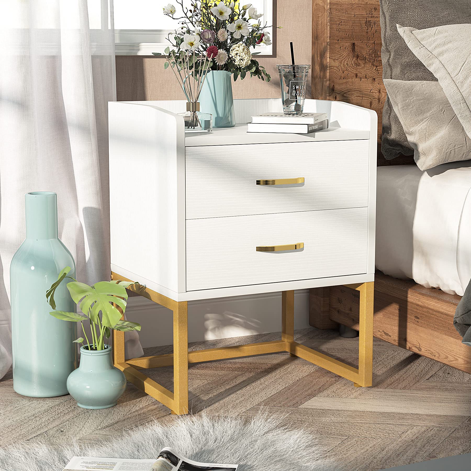 Tribesigns Modern White and Gold Nightstand Set (Set of 2) - John Pierce Auto Care