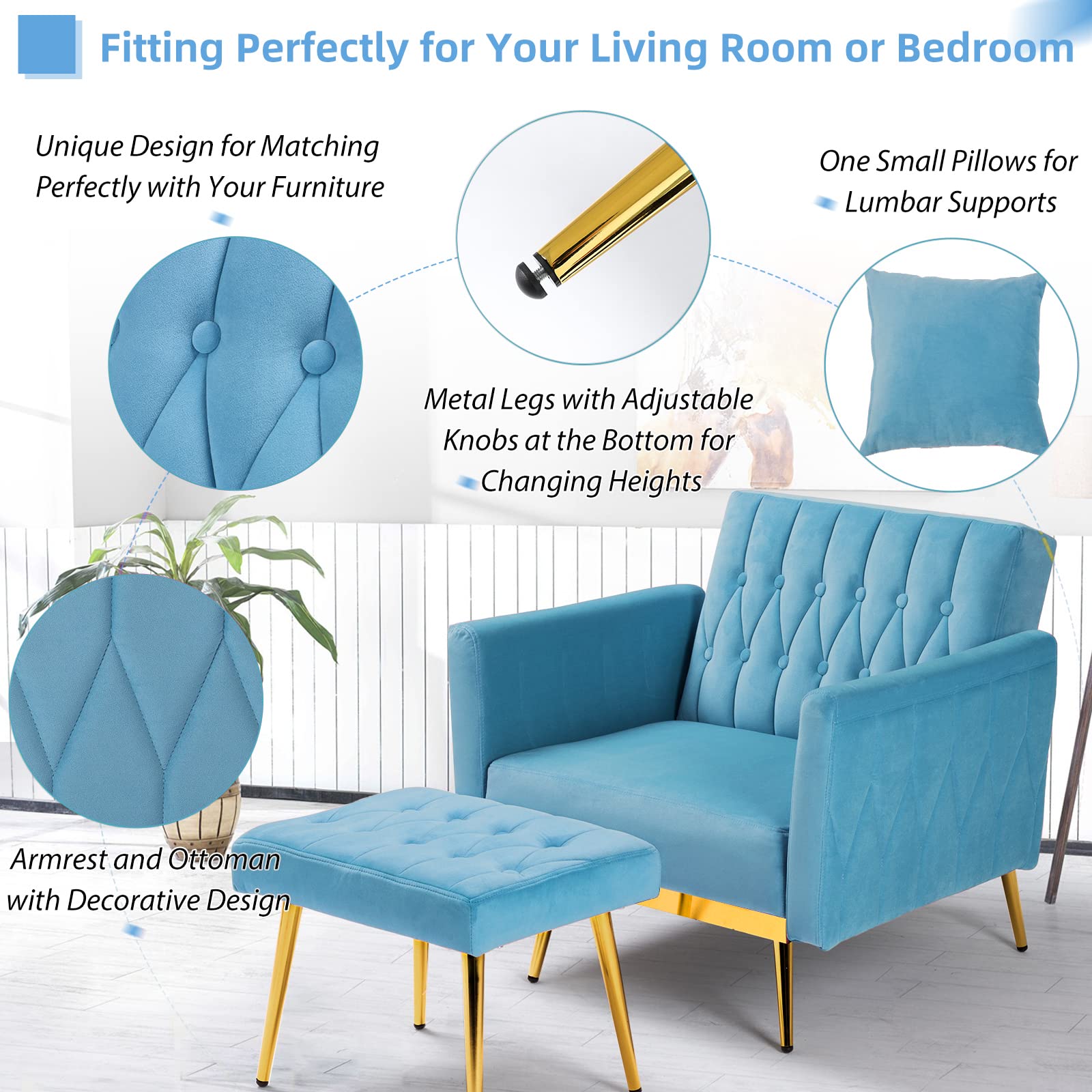 ACMEASE Velvet Accent Chair with Adjustable Backrest and Ottoman - John Pierce Auto Care