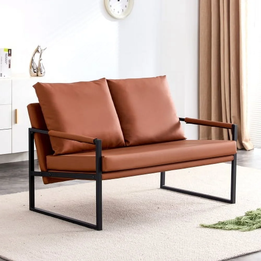 GVJMTKP Modern Two Seater Sofa Chair with 2 Pillows   PU Leather High Density Foam Black Coated Metal Frame.BrownSF D008 BR - John Pierce Auto Care