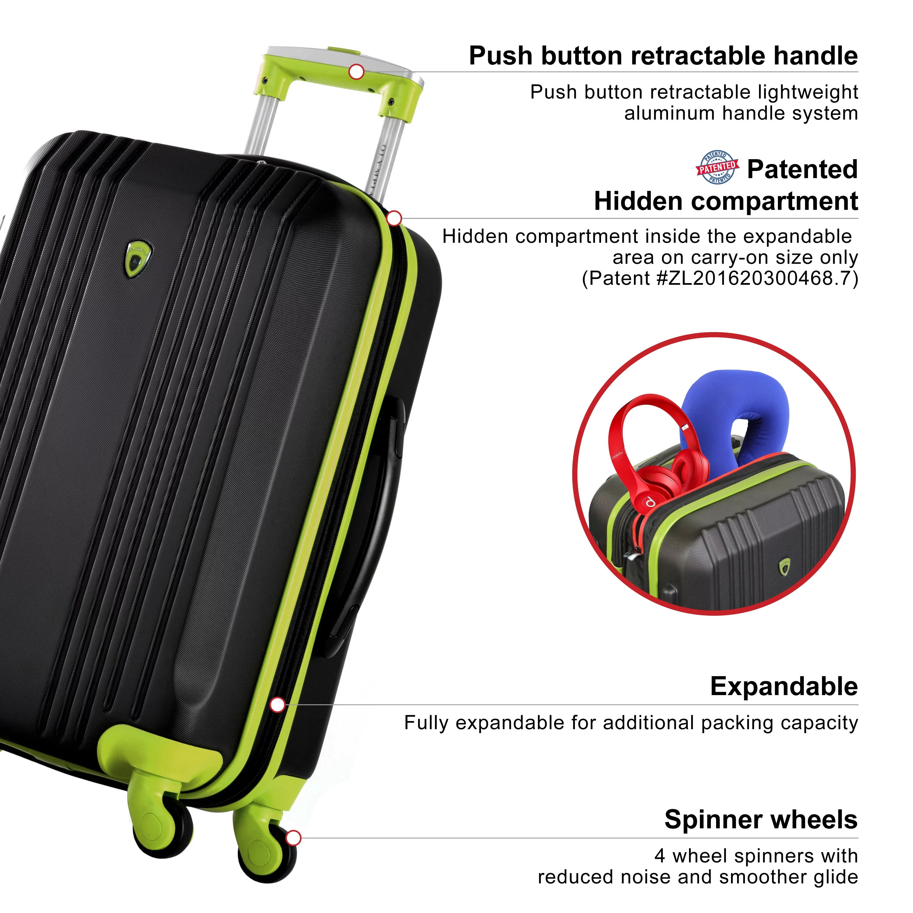 Olympia U.S.A. Apache 3-Piece Expandable Hardcase Luggage Set with Spinner Wheels, Black/Lime - John Pierce Auto Care
