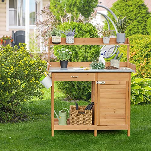 Yaheetech Wooden Garden Potting Bench with Metal Worktop - John Pierce Auto Care