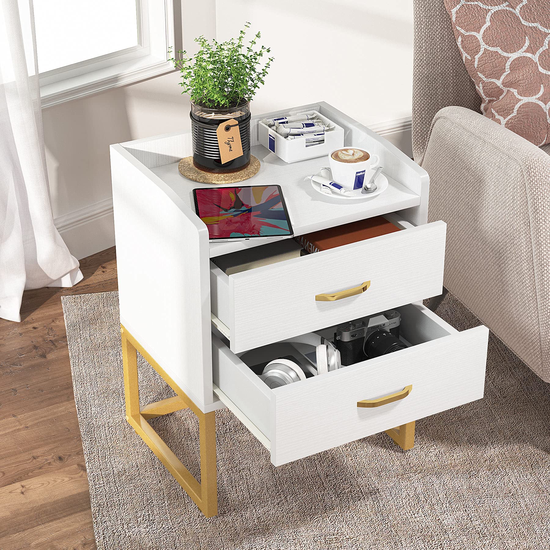 Tribesigns Modern White and Gold Nightstand Set (Set of 2) - John Pierce Auto Care