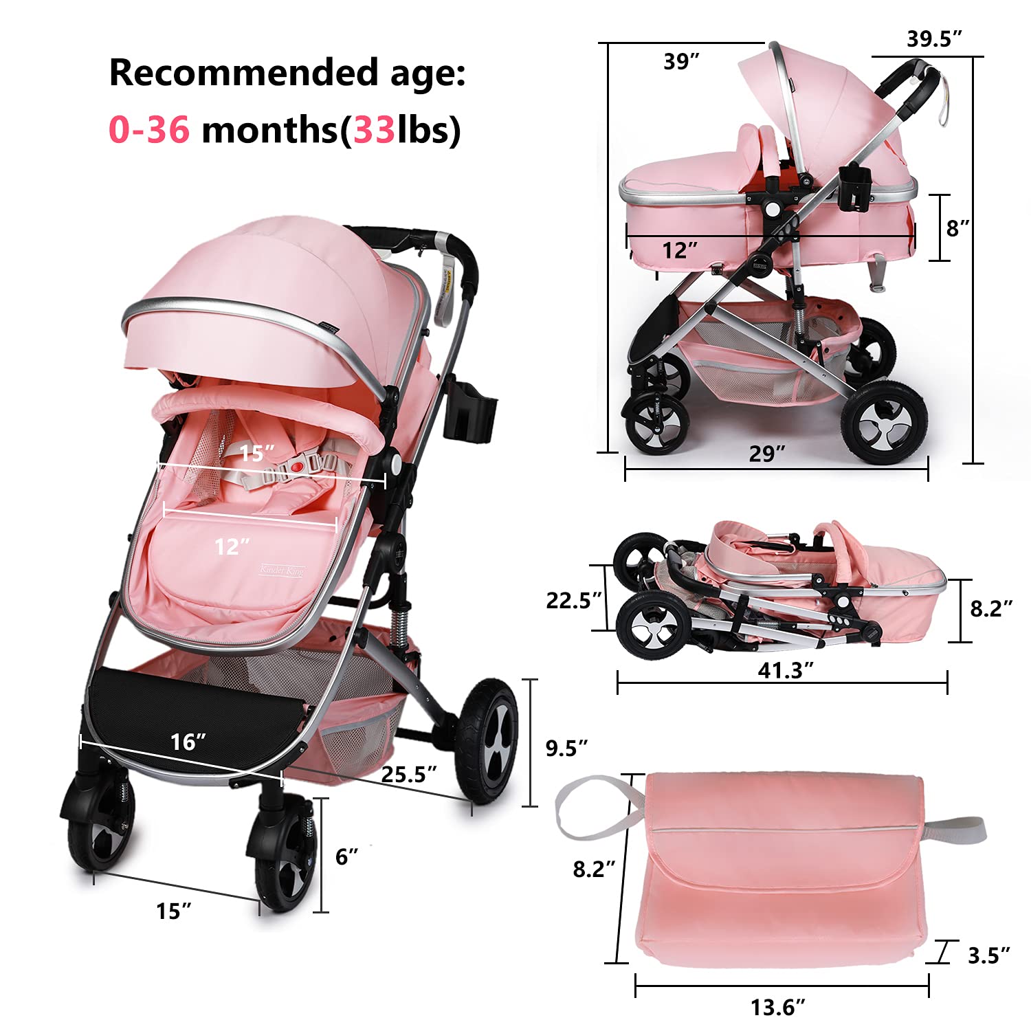 Kinder King 2-in-1 Convertible High-Landscape Baby Stroller (Pink) - John Pierce Auto Care
