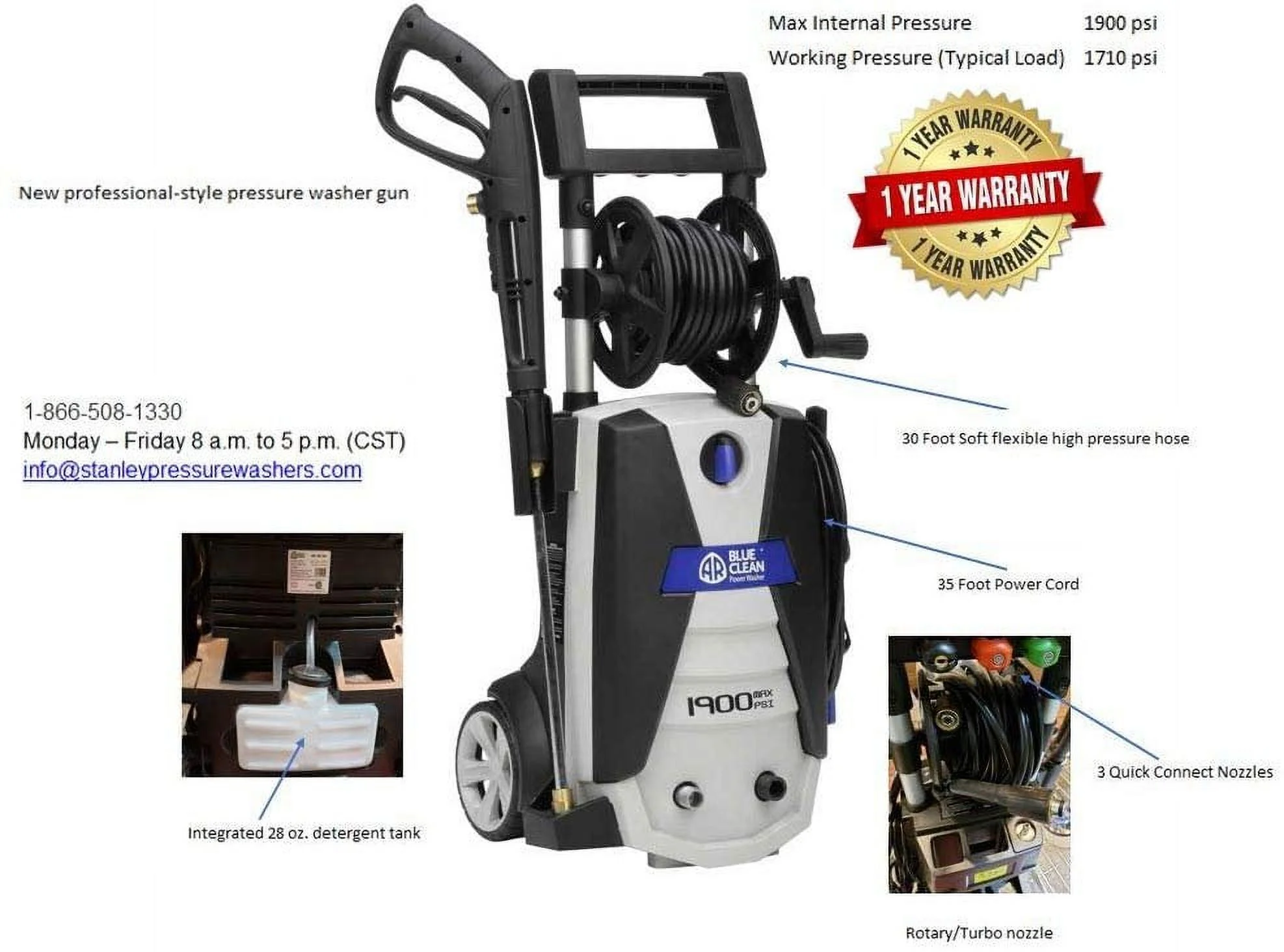 AR Blue Clean, AR383 1,900 PSI Electric Pressure Washer, Nozzles, Spray Gun, Wand, Detergent Bottle & Hose - John Pierce Auto Care