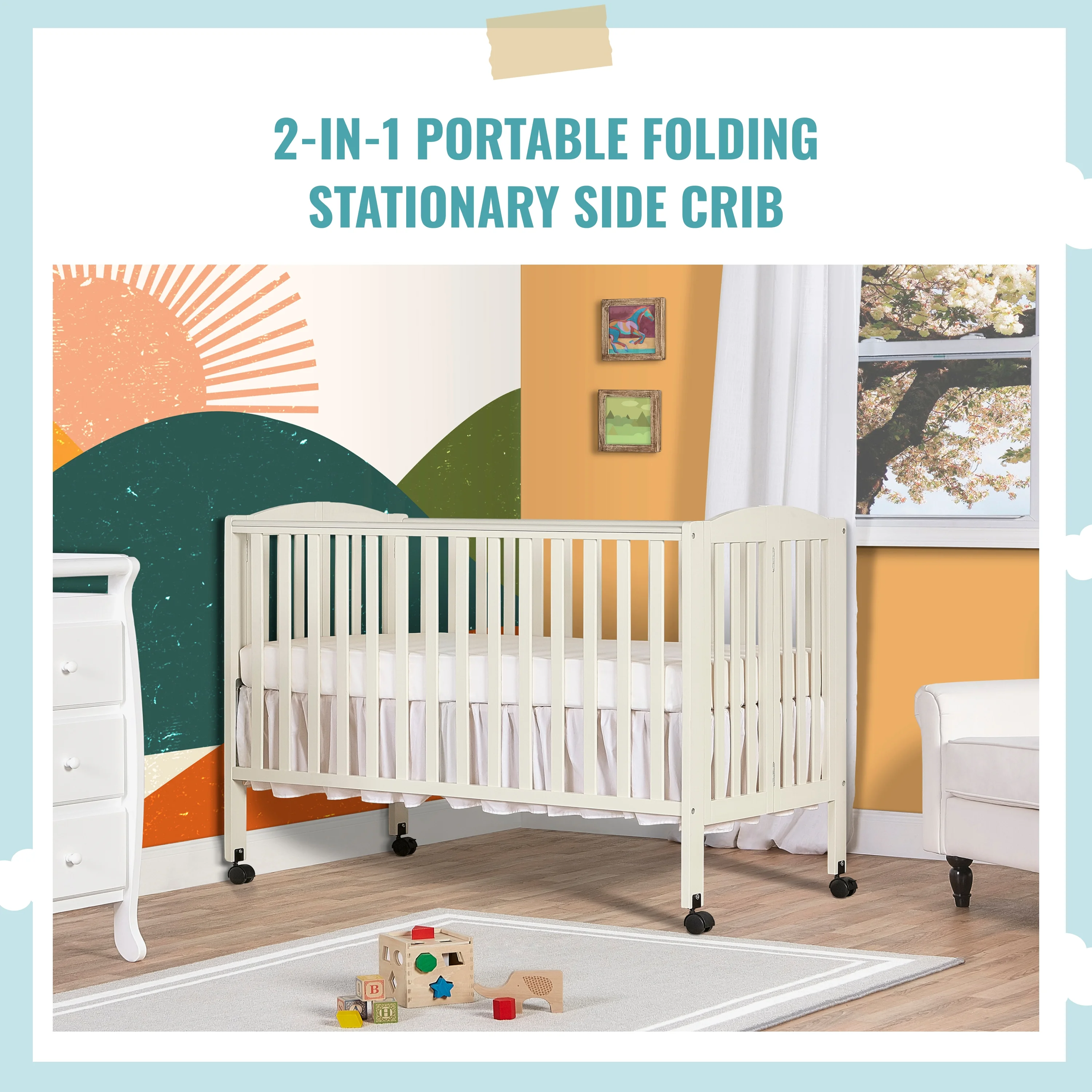 Dream On Me Full Size 2-in-1 Folding Stationary Side Crib, Locking Wheels, French White - John Pierce Auto Care