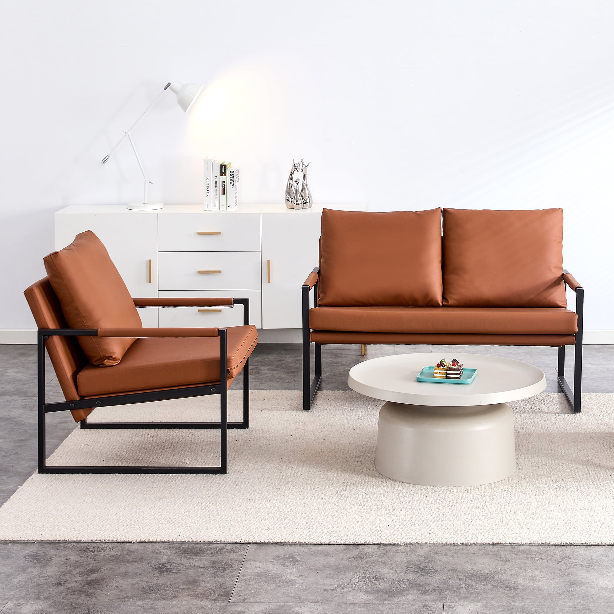 Modern Two Seater Sofa Chair with 2 Pillows   PU Leather, High Density Foam, Black Coated Metal Frame.Brown SF D008 - John Pierce Auto Care