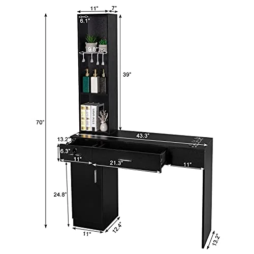OmySalon Barber Station Wall Mount Salon Hair Styling Beauty Spa Equipment w\/ 2 Drawers, 1 Storage Cabinet, 3 Open Shelves (Black) - John Pierce Auto Care