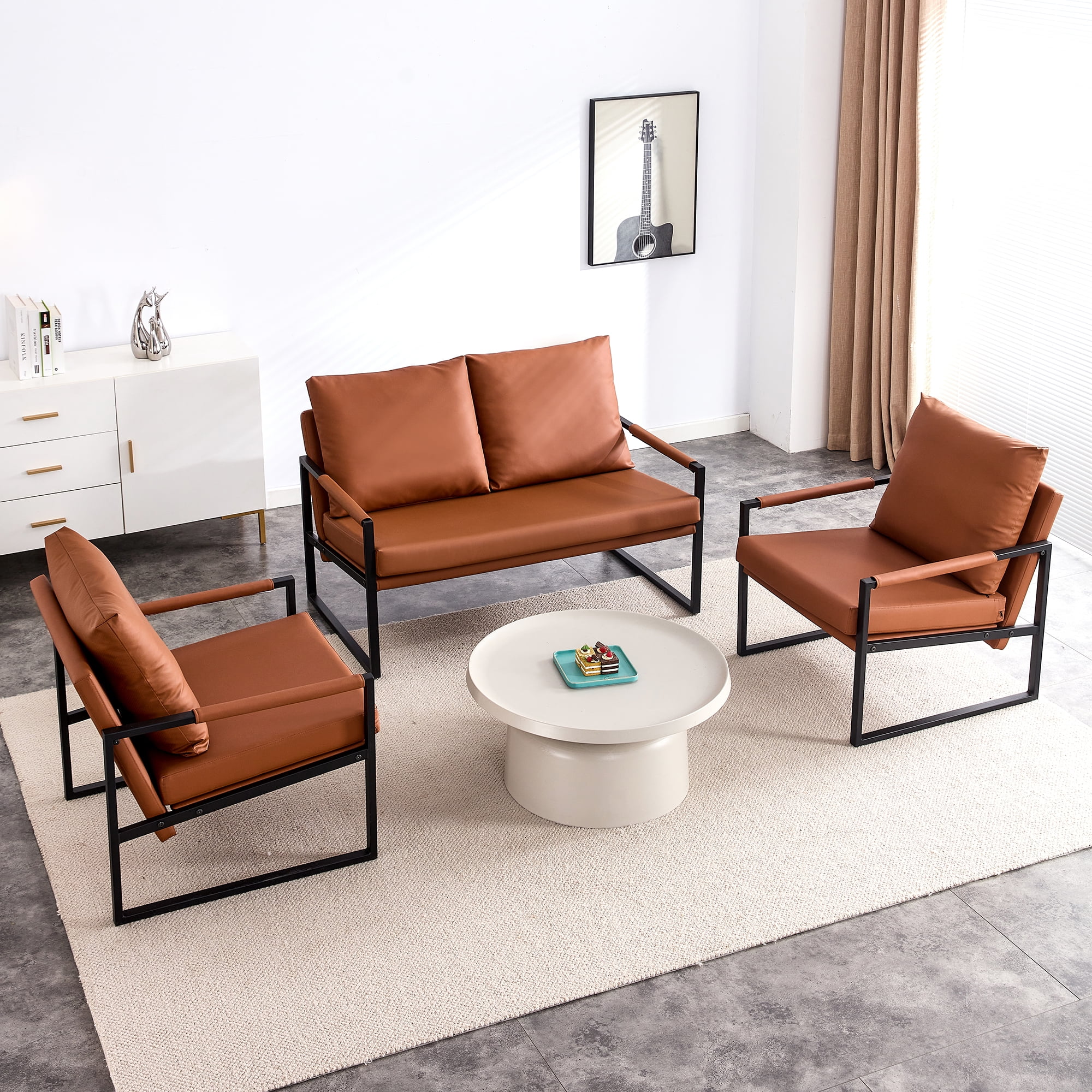 Modern Two Seater Sofa Chair with 2 Pillows   PU Leather, High Density Foam, Black Coated Metal Frame.Brown SF D008 - John Pierce Auto Care