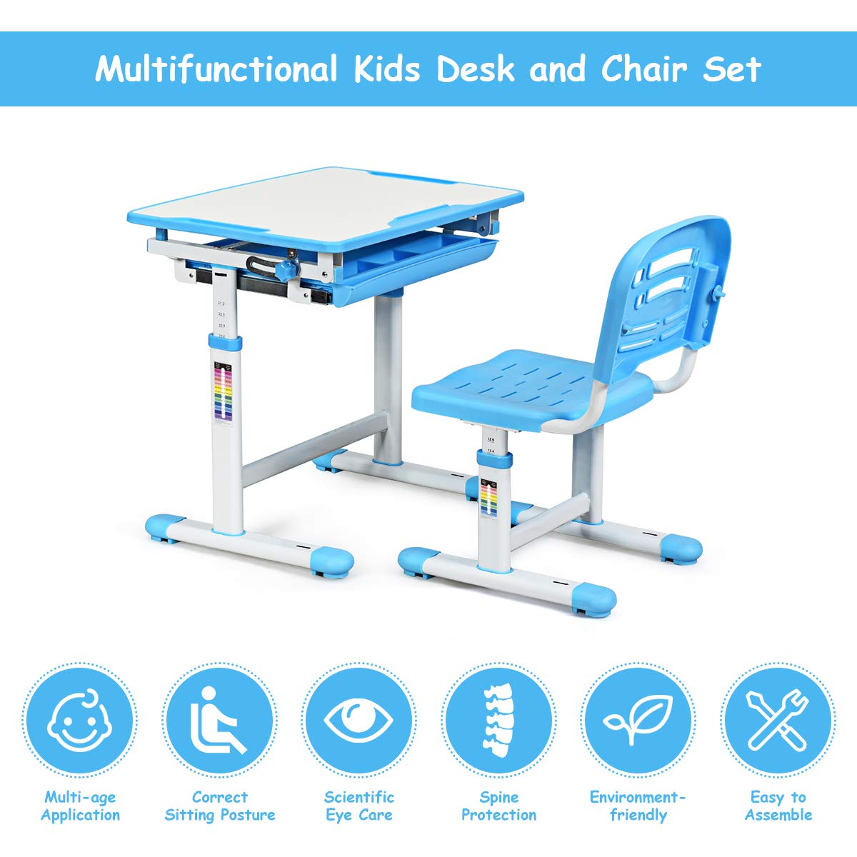 BABY JOY Height-Adjustable Kids Study Desk and Chair Set (Blue) - John Pierce Auto Care