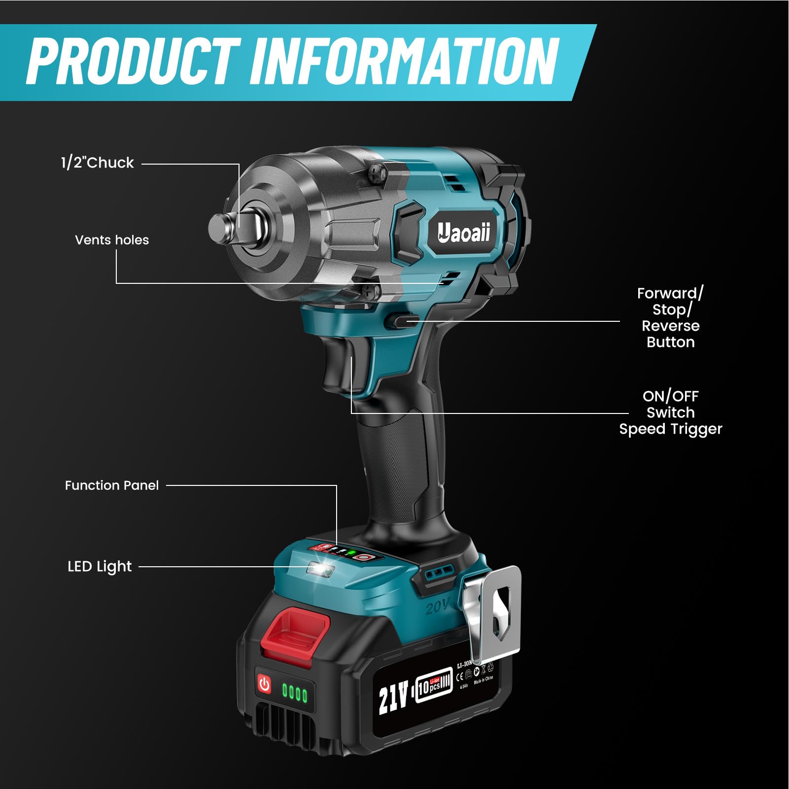Uaoaii 1000Nm High-Torque 1/2-Inch Cordless Impact Wrench Kit - John Pierce Auto Care