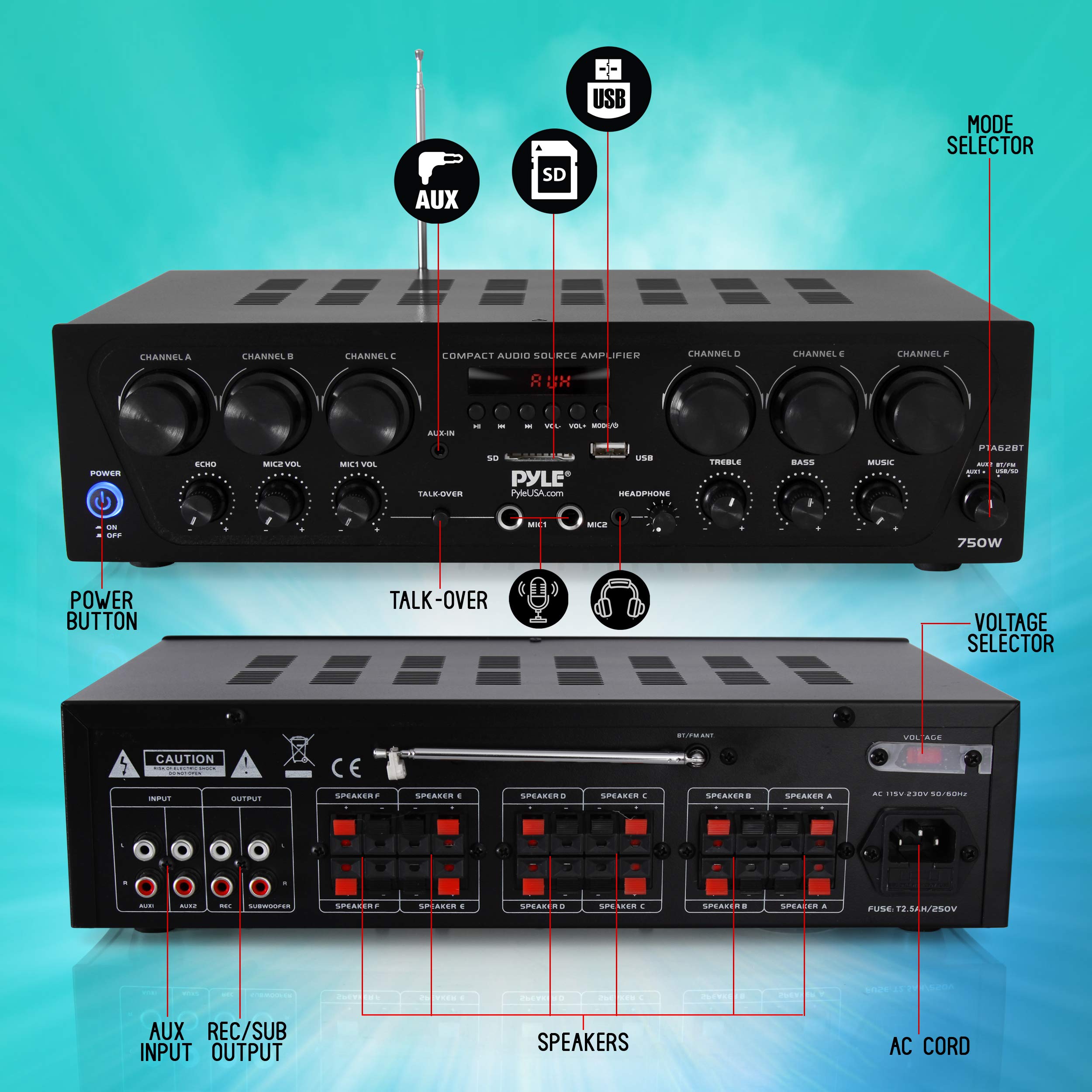 Pyle 6-Channel 750W Home Audio Karaoke Bluetooth Receiver - John Pierce Auto Care