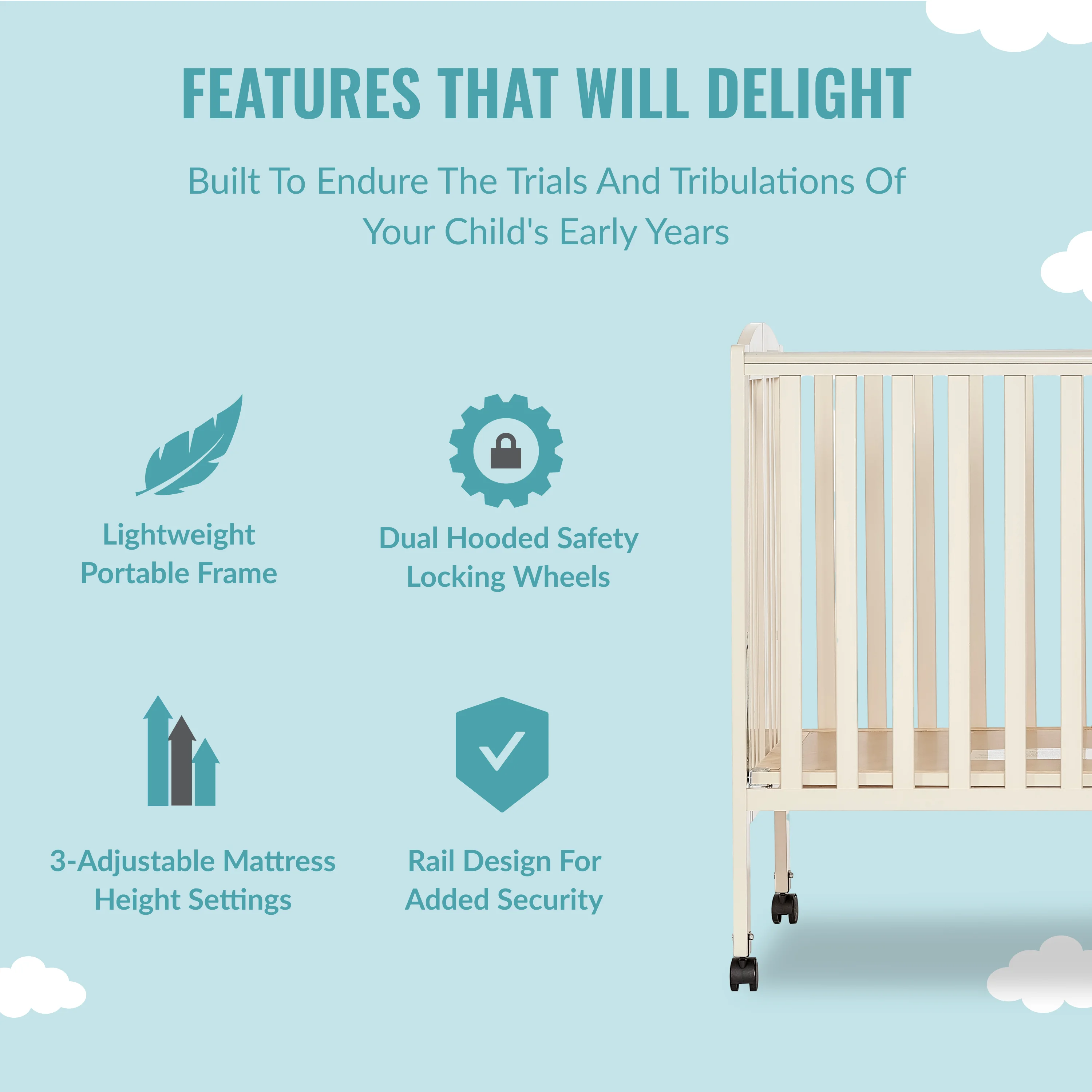 Dream On Me Full Size 2-in-1 Folding Stationary Side Crib, Locking Wheels, French White - John Pierce Auto Care