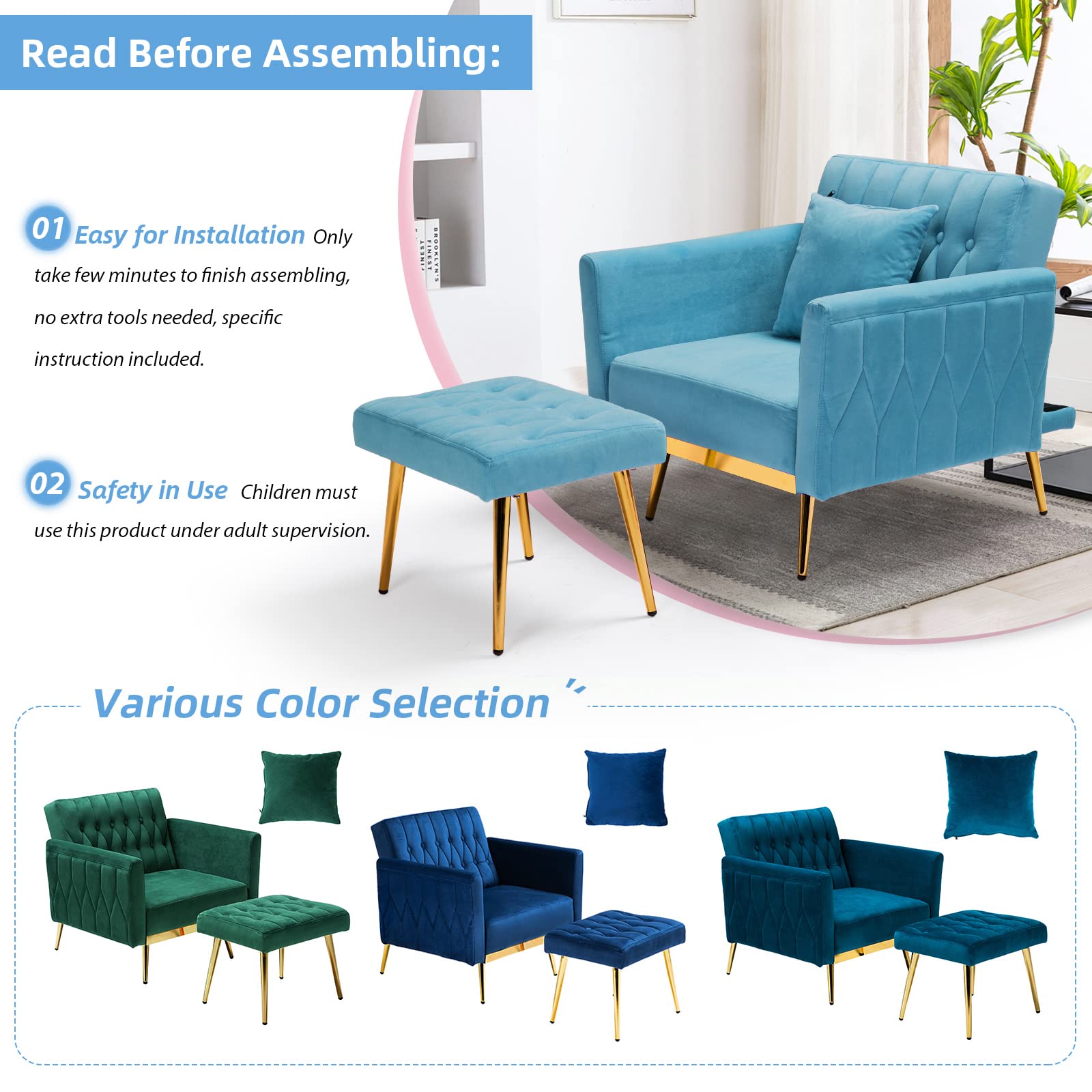 ACMEASE Velvet Accent Chair with Adjustable Backrest and Ottoman - John Pierce Auto Care