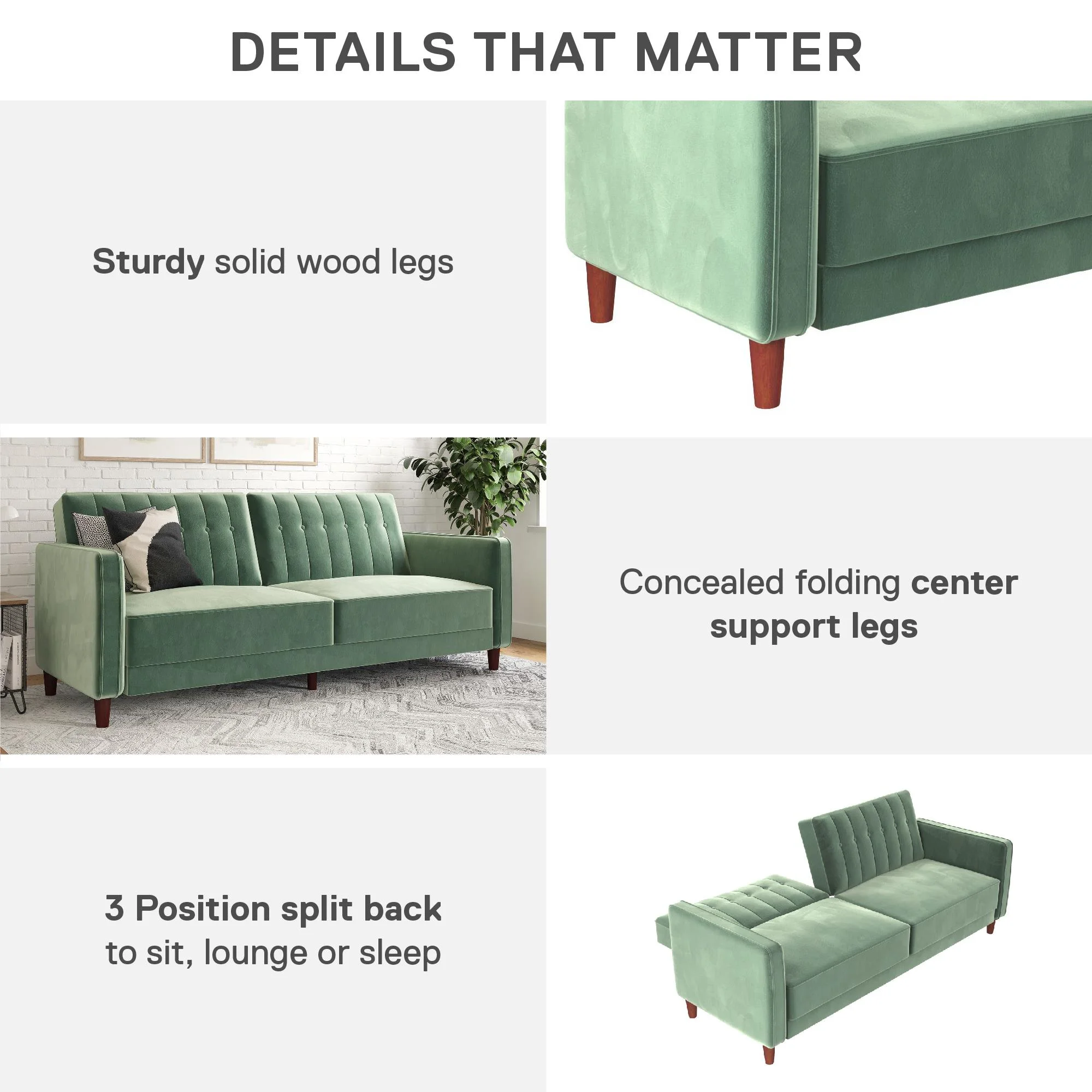 DHP Pin Tufted Transitional Futon, Light Green Velvet - John Pierce Auto Care