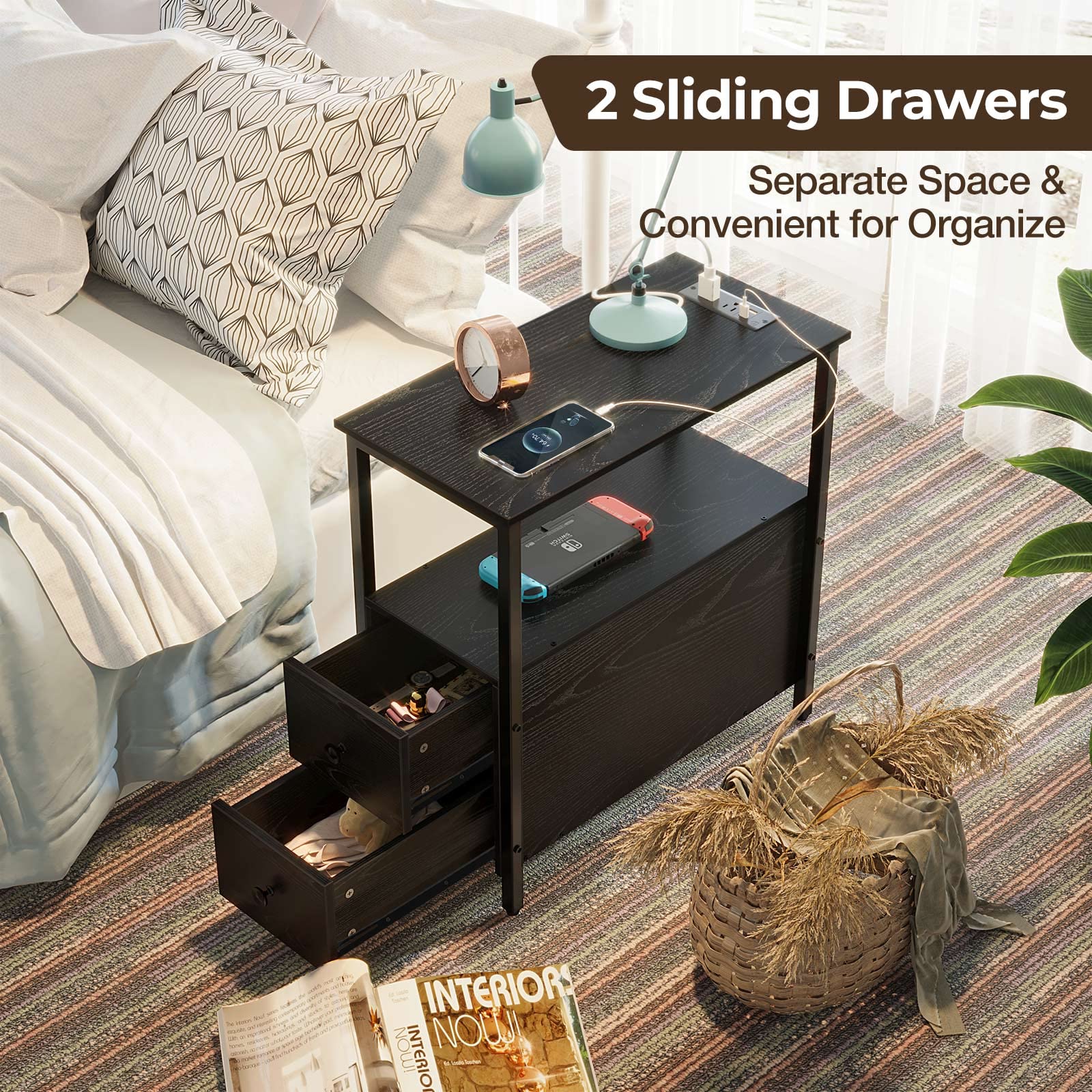 Rolanstar Narrow Charging End Table with 2 Wood Drawers - John Pierce Auto Care