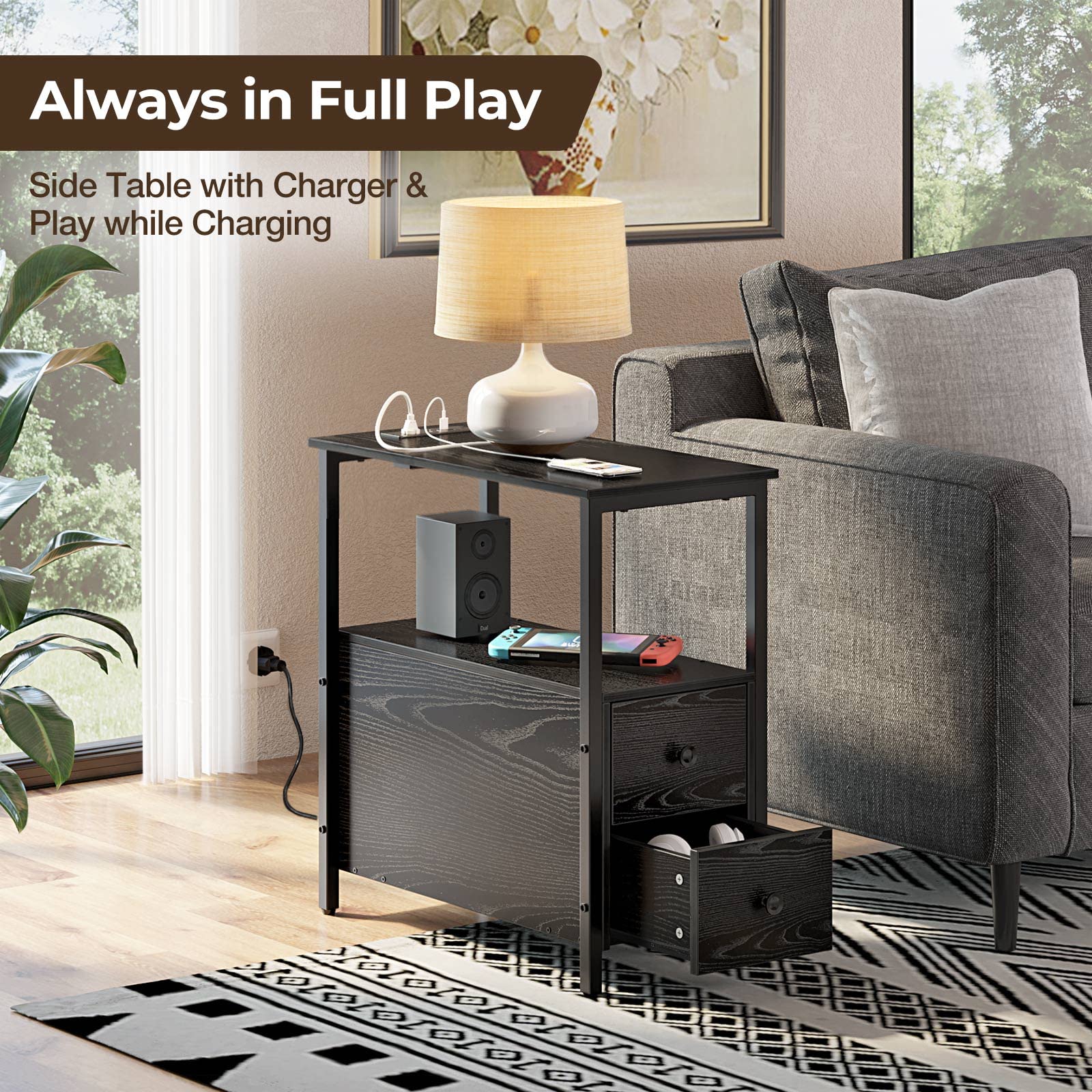 Rolanstar Narrow Charging End Table with 2 Wood Drawers - John Pierce Auto Care
