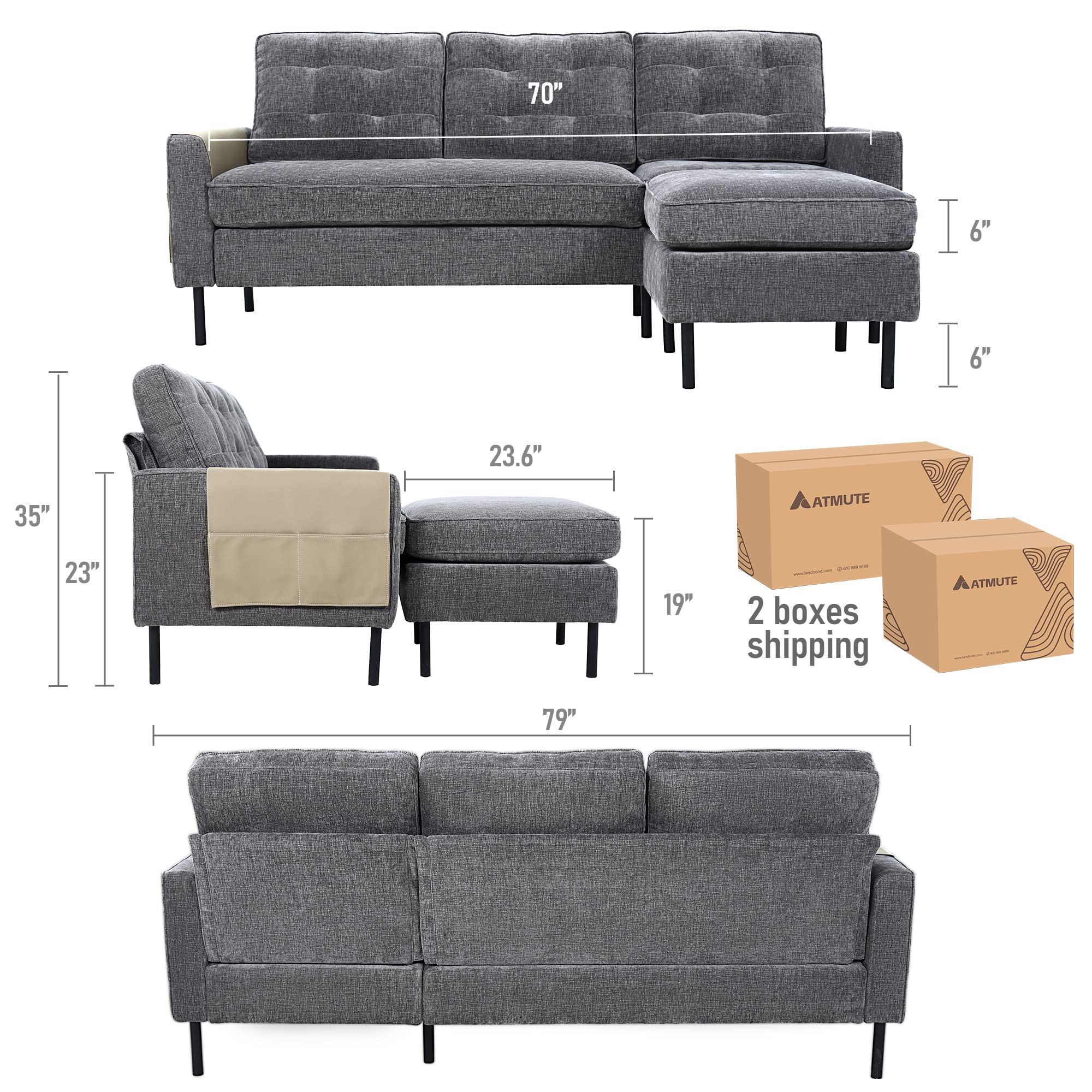 ATMUTE L-Shaped Sectional Sofa Couch in Grey Chenille Fabric - John Pierce Auto Care