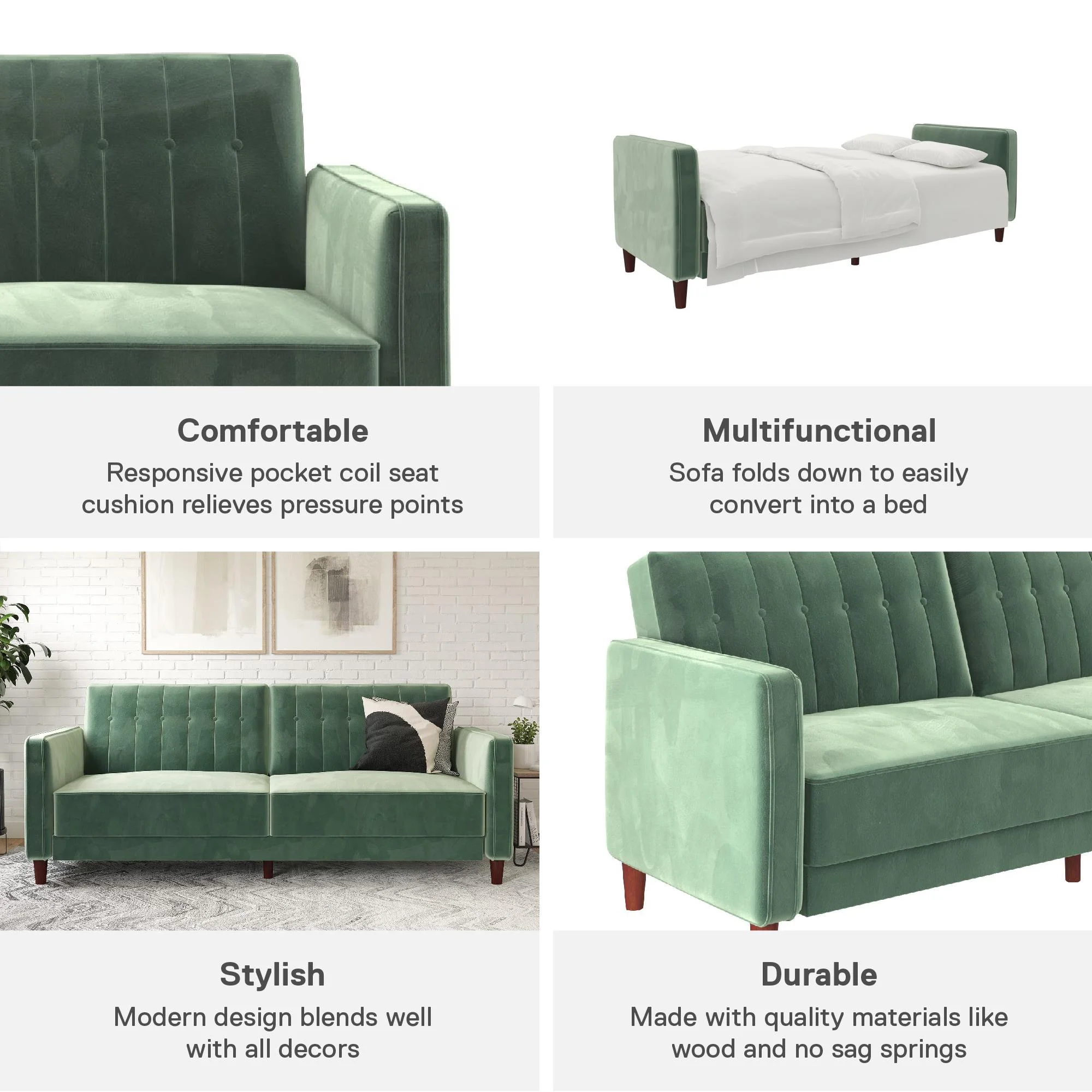 DHP Pin Tufted Transitional Futon, Light Green Velvet - John Pierce Auto Care