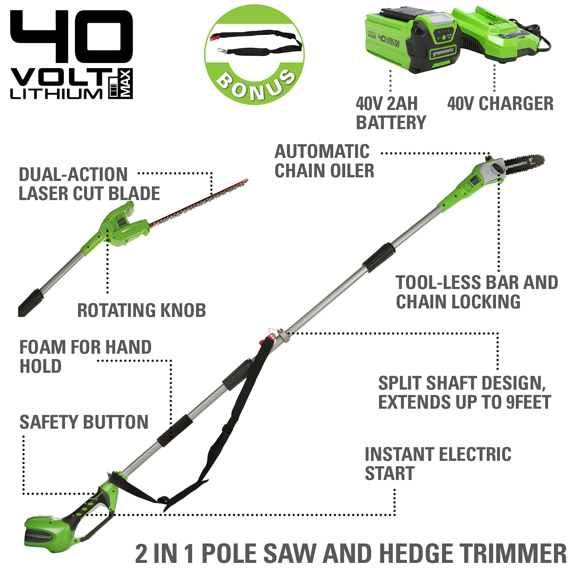 Greenworks 40V Cordless Pole Saw and Pole Hedge Trimmer Combo - John Pierce Auto Care