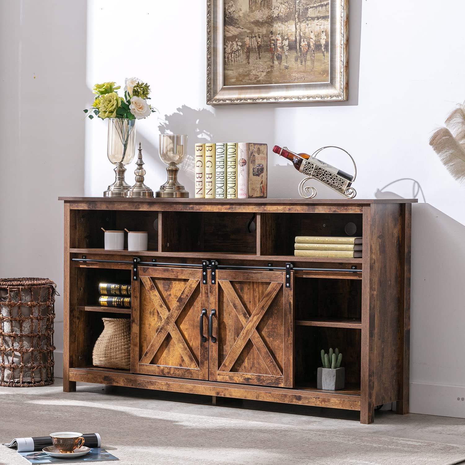 Farmhouse Slide Barn Door Coffee Bar Cabinet with Outlets - John Pierce Auto Care