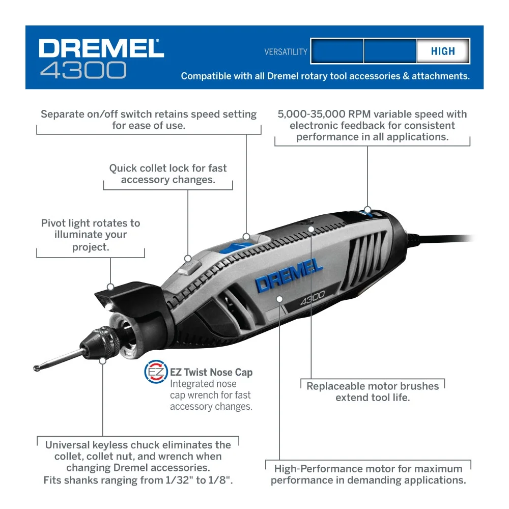 Dremel 4300-9/64 Corded Variable Speed Rotary Tool Kit with Flex Shaft and Hard Storage Case, High Power & Performance, Variable Speed - Engraver, Etcher, Sander, and Polisher - John Pierce Auto Care