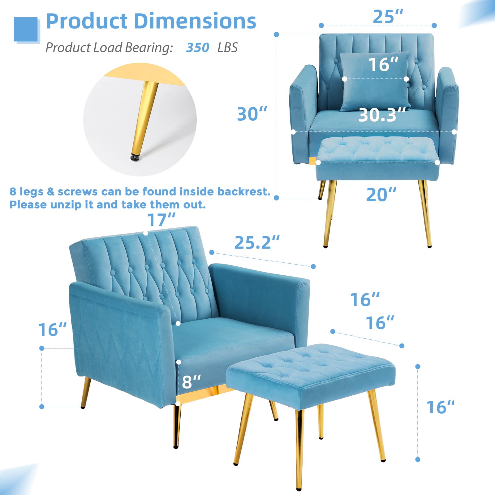 ACMEASE Velvet Accent Chair with Adjustable Backrest and Ottoman - John Pierce Auto Care