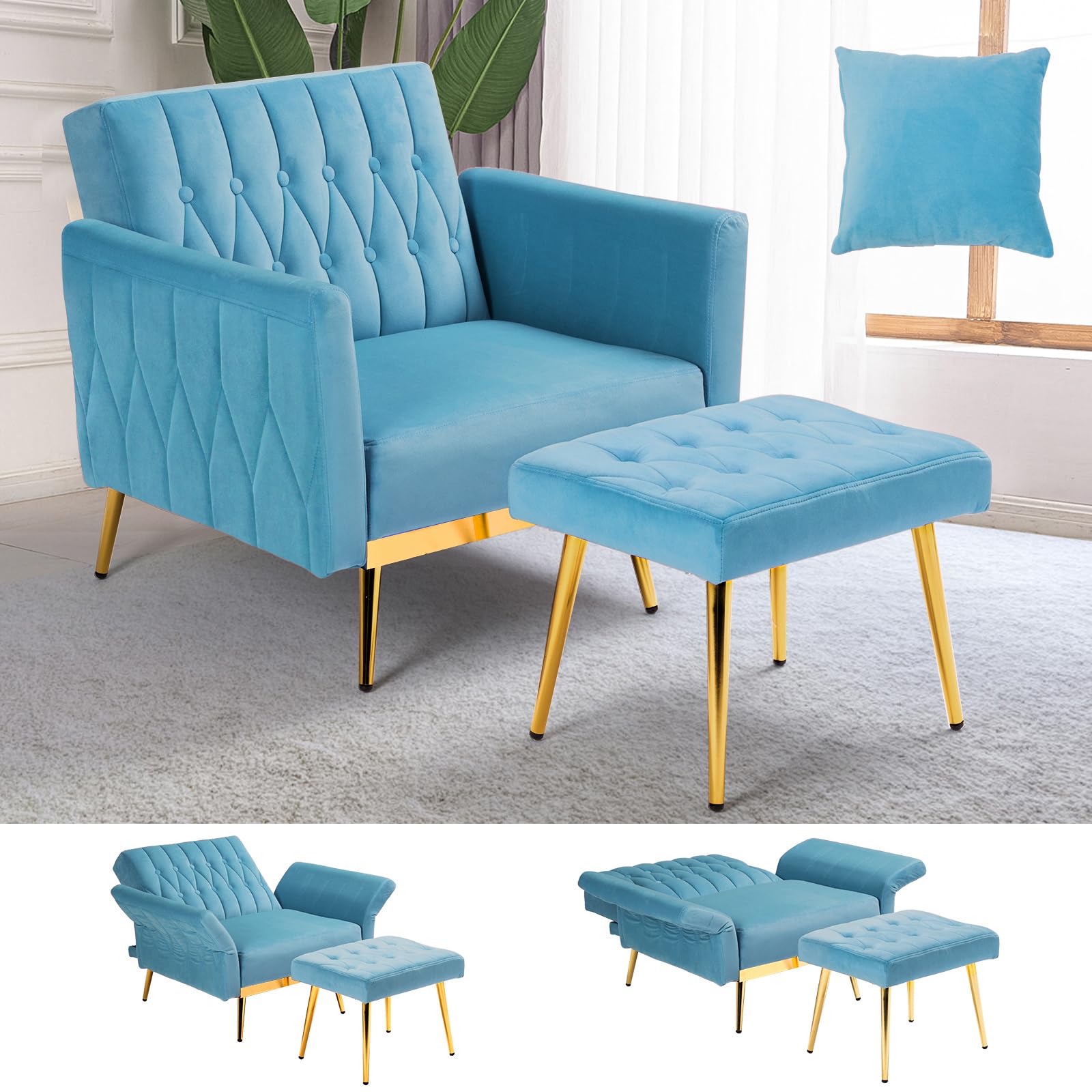 ACMEASE Velvet Accent Chair with Adjustable Backrest and Ottoman - John Pierce Auto Care