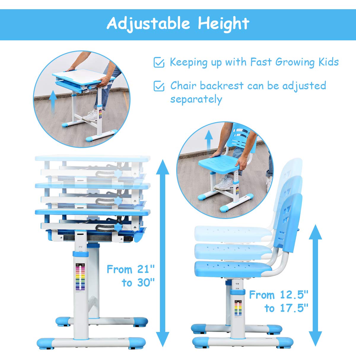 BABY JOY Height-Adjustable Kids Study Desk and Chair Set (Blue) - John Pierce Auto Care