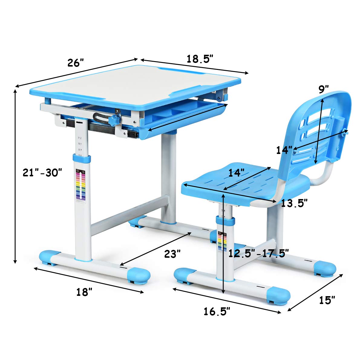 BABY JOY Height-Adjustable Kids Study Desk and Chair Set (Blue) - John Pierce Auto Care