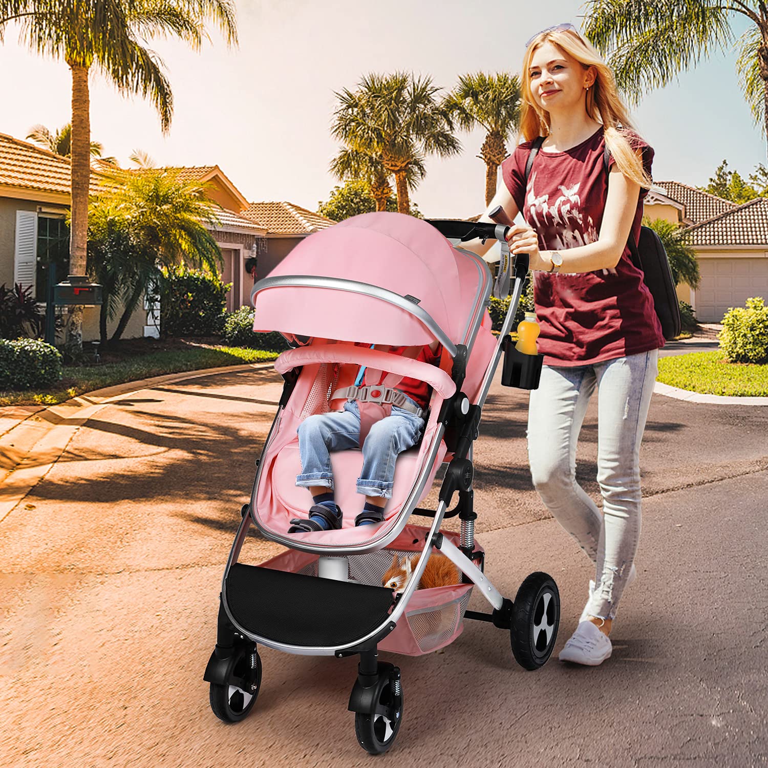 Kinder King 2-in-1 Convertible High-Landscape Baby Stroller (Pink) - John Pierce Auto Care